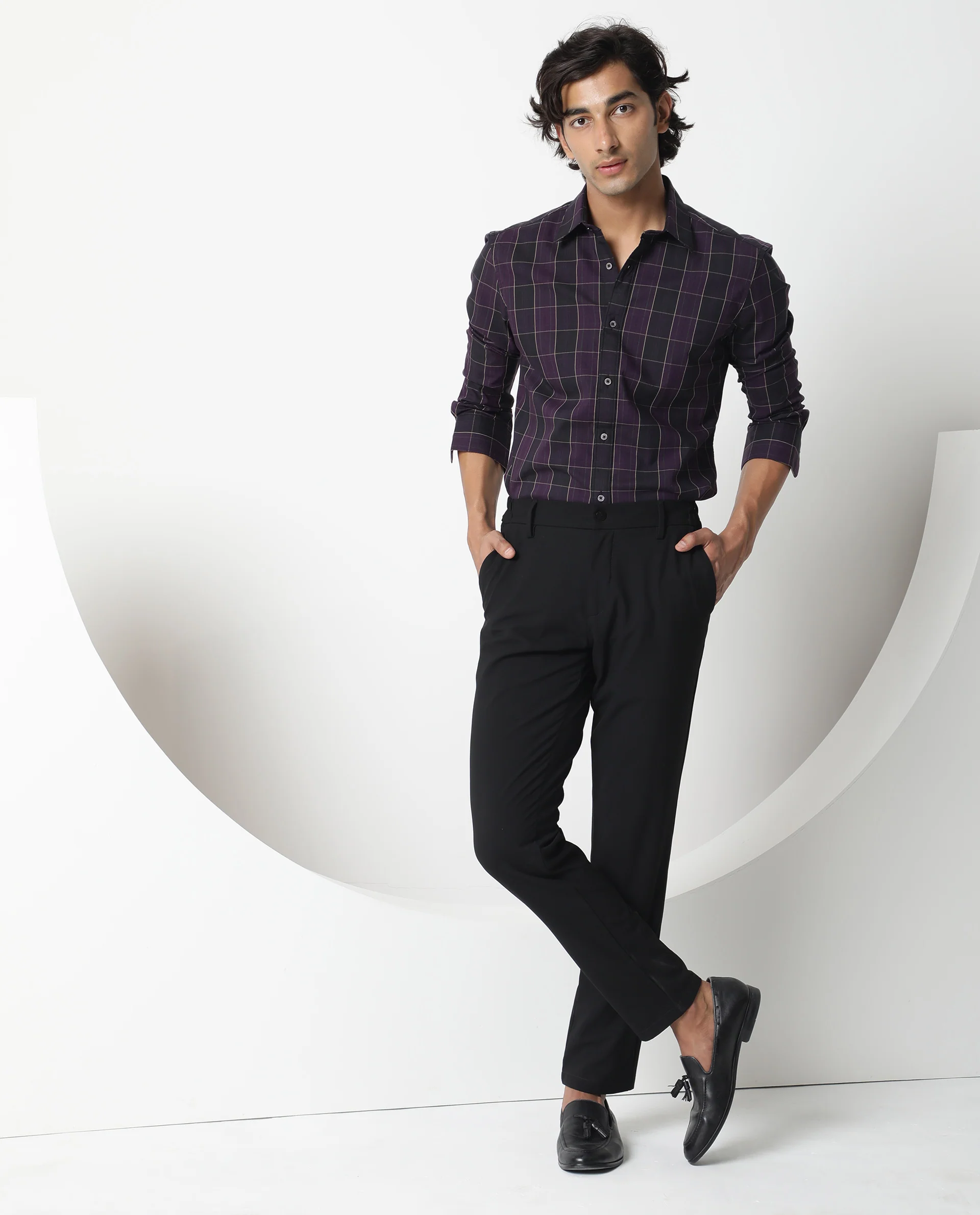 Rare Rabbit Men's Lancelot Purple Cotton Checked Print Regular Fit Full Sleeve Collared Shirt - Image 2