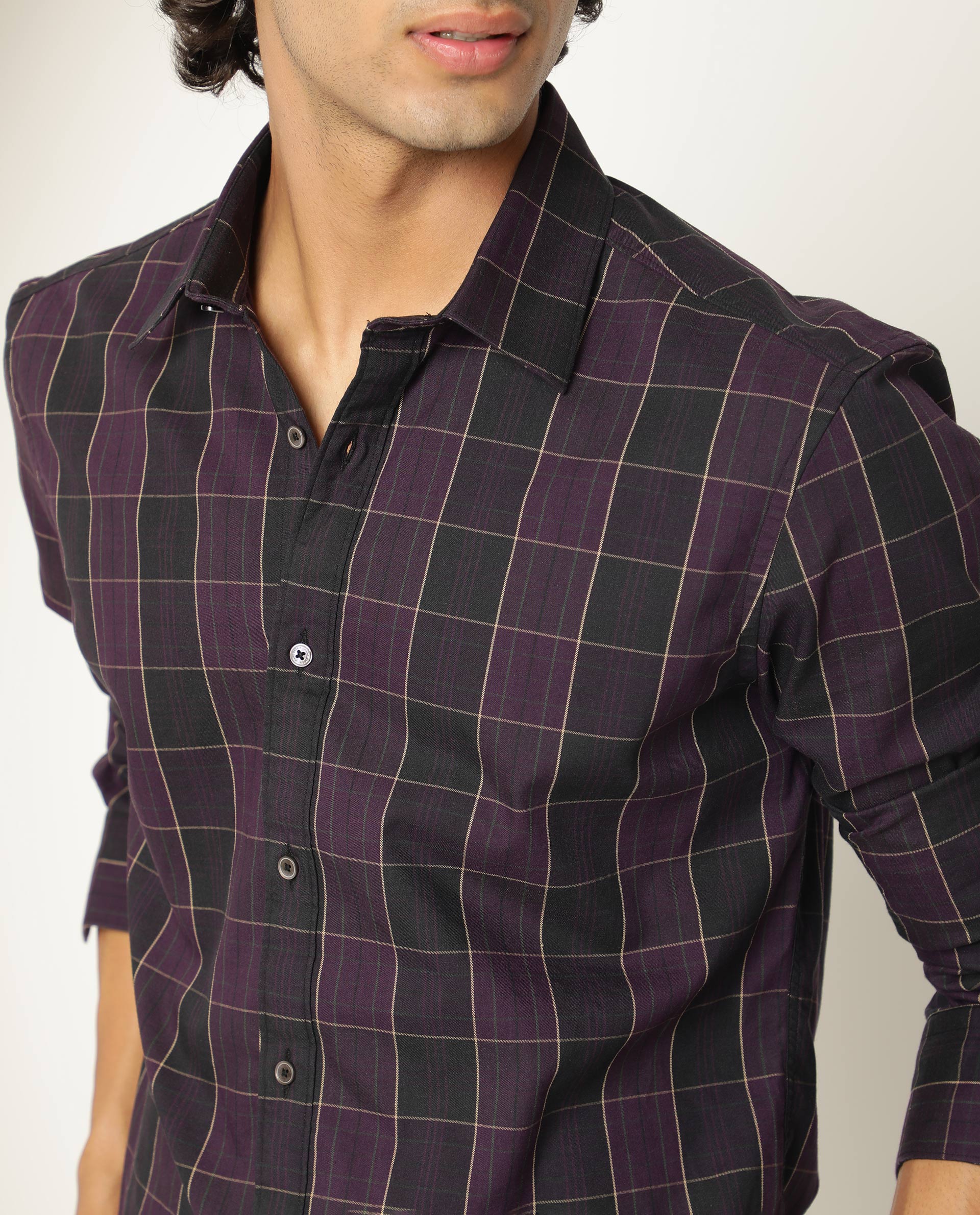 Rare Rabbit Men's Lancelot Purple Cotton Checked Print Regular Fit Full Sleeve Collared Shirt - Image 3