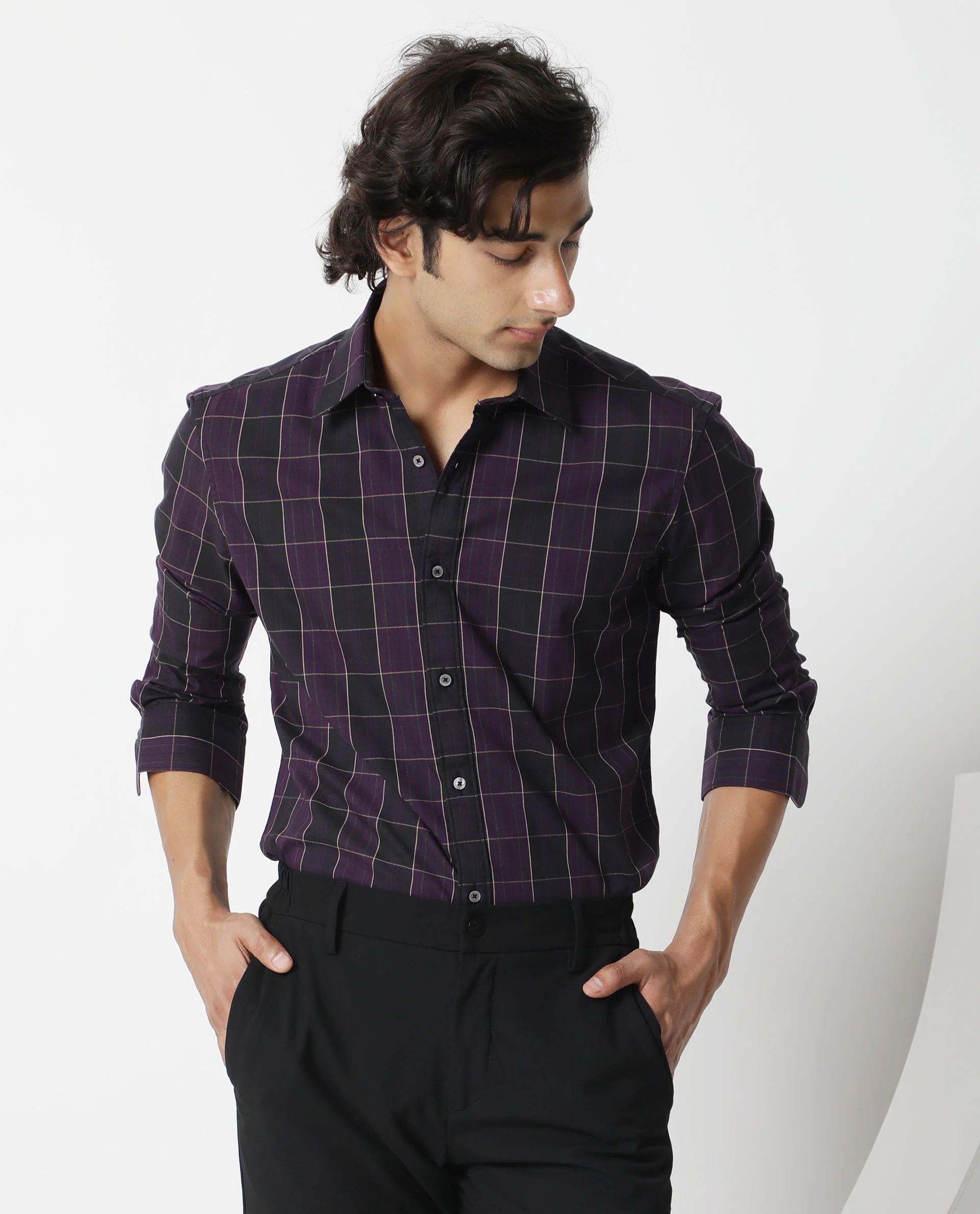 Rare Rabbit Men's Lancelot Purple Cotton Checked Print Regular Fit Full Sleeve Collared Shirt - Image 4