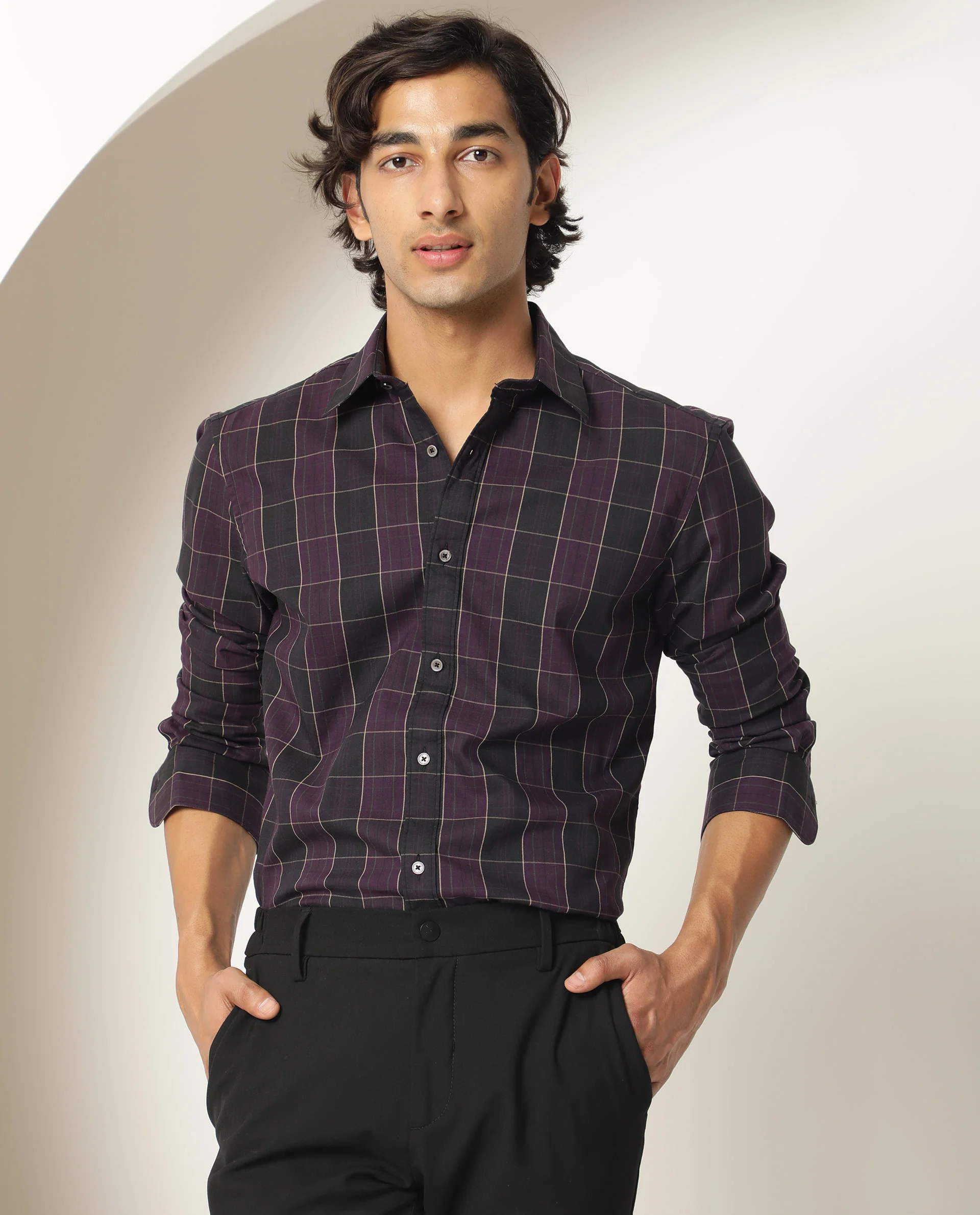 Rare Rabbit Men's Lancelot Purple Cotton Checked Print Regular Fit Full Sleeve Collared Shirt - Image 5