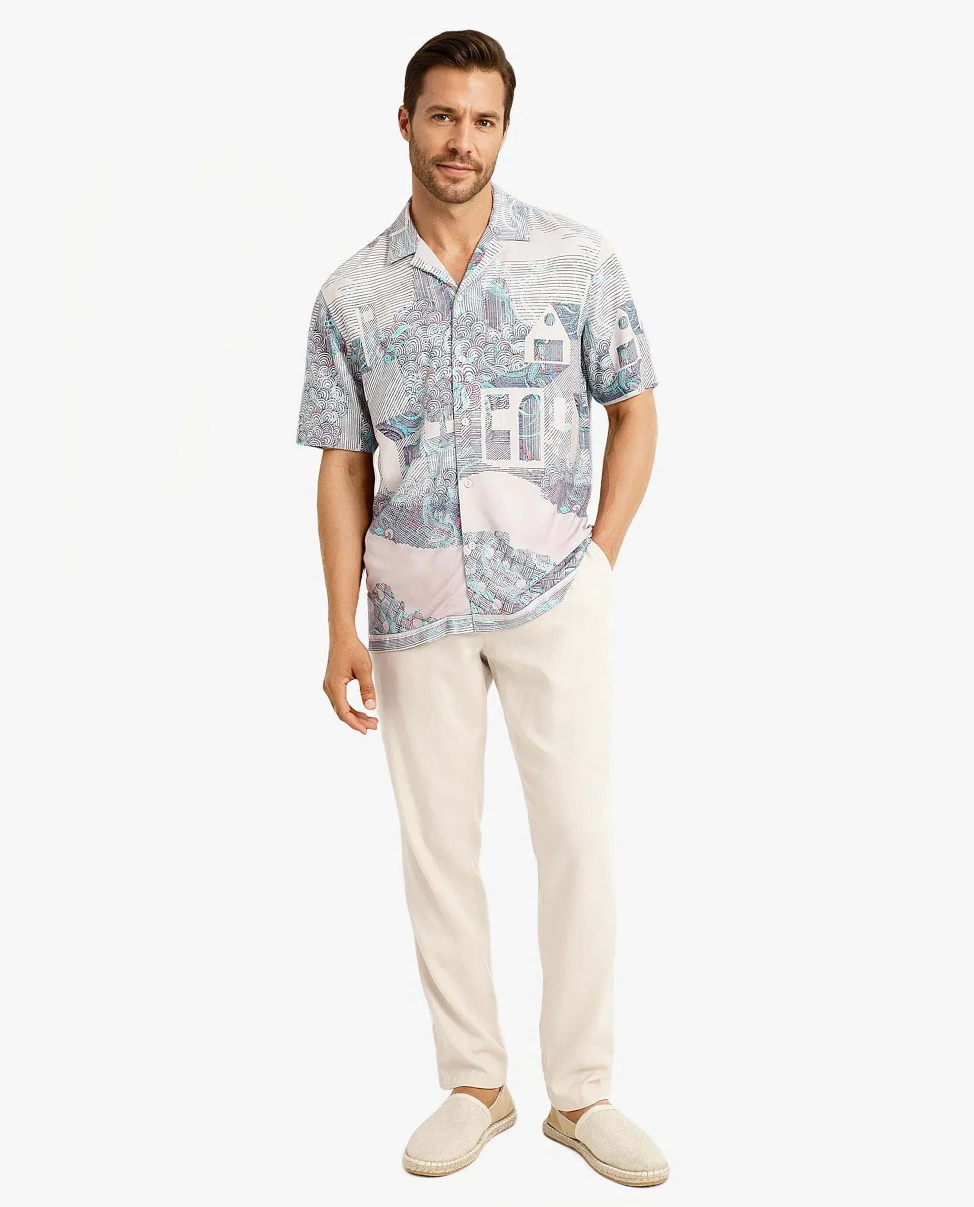 Rare Rabbit Men's Lanco Pastel Pink Viscose Decorative Print Boxy Fit Half Sleeve Cuban Collar Shirt - Image 2