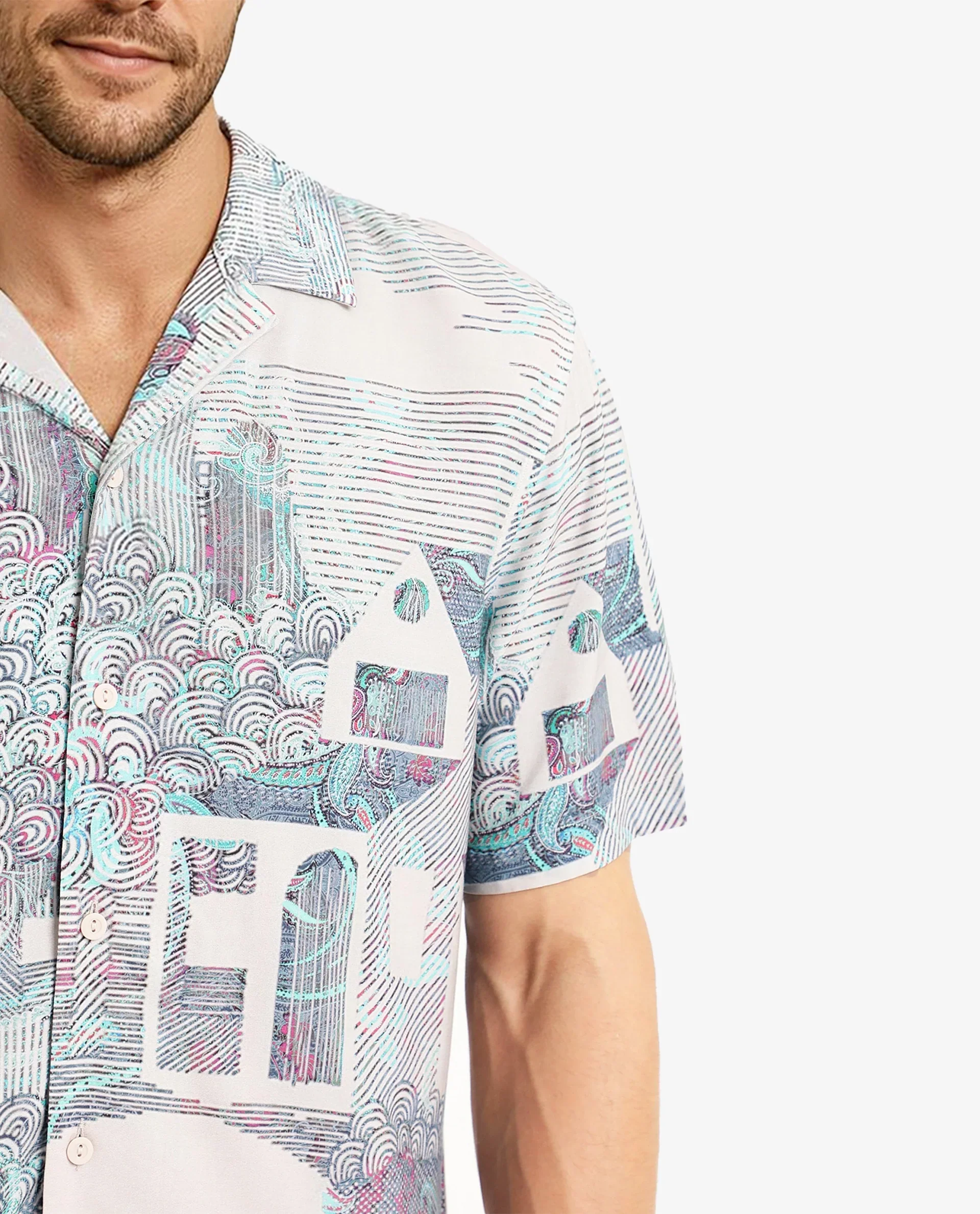 Rare Rabbit Men's Lanco Pastel Pink Viscose Decorative Print Boxy Fit Half Sleeve Cuban Collar Shirt - Image 3