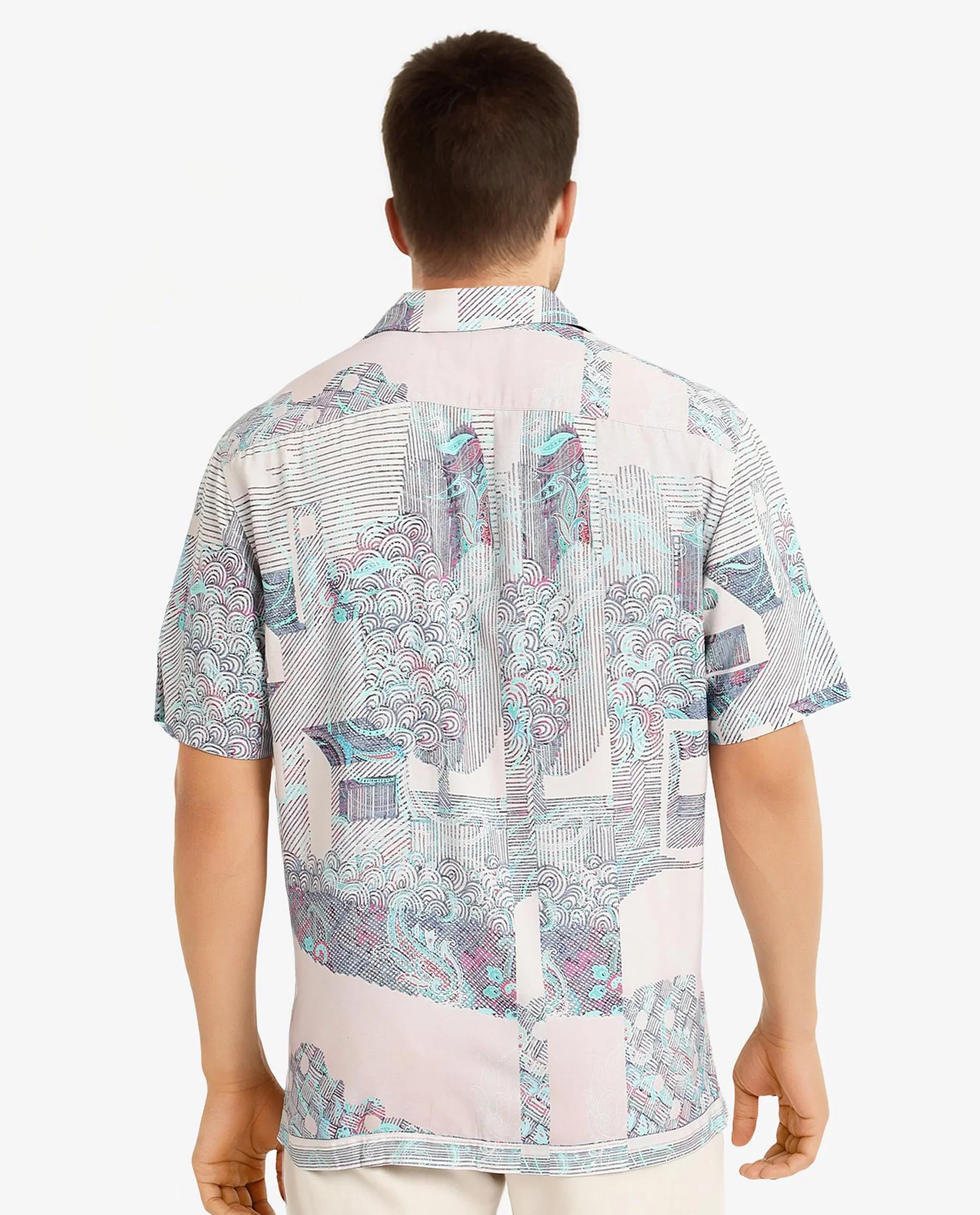 Rare Rabbit Men's Lanco Pastel Pink Viscose Decorative Print Boxy Fit Half Sleeve Cuban Collar Shirt - Image 4
