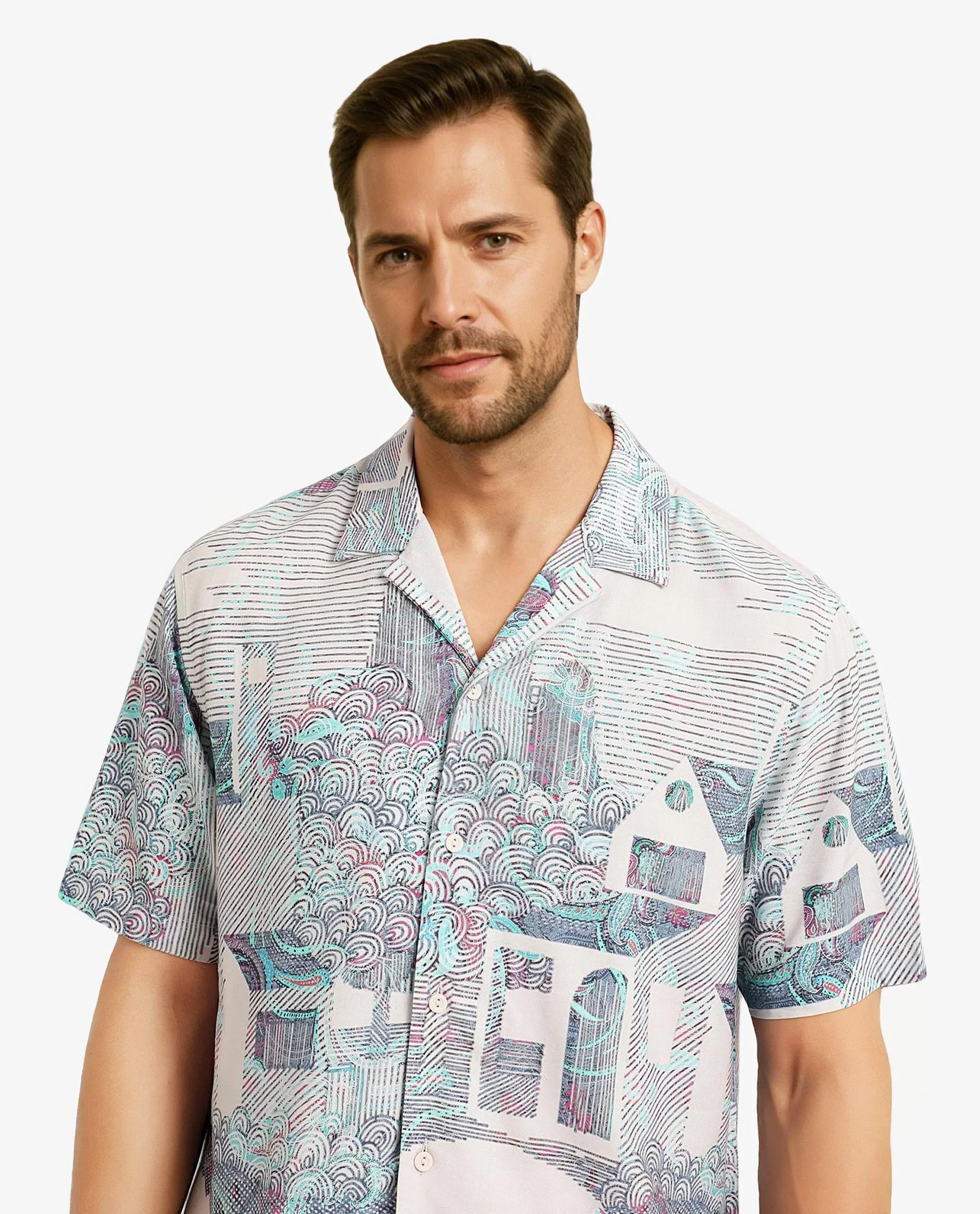 Rare Rabbit Men's Lanco Pastel Pink Viscose Decorative Print Boxy Fit Half Sleeve Cuban Collar Shirt - Image 5