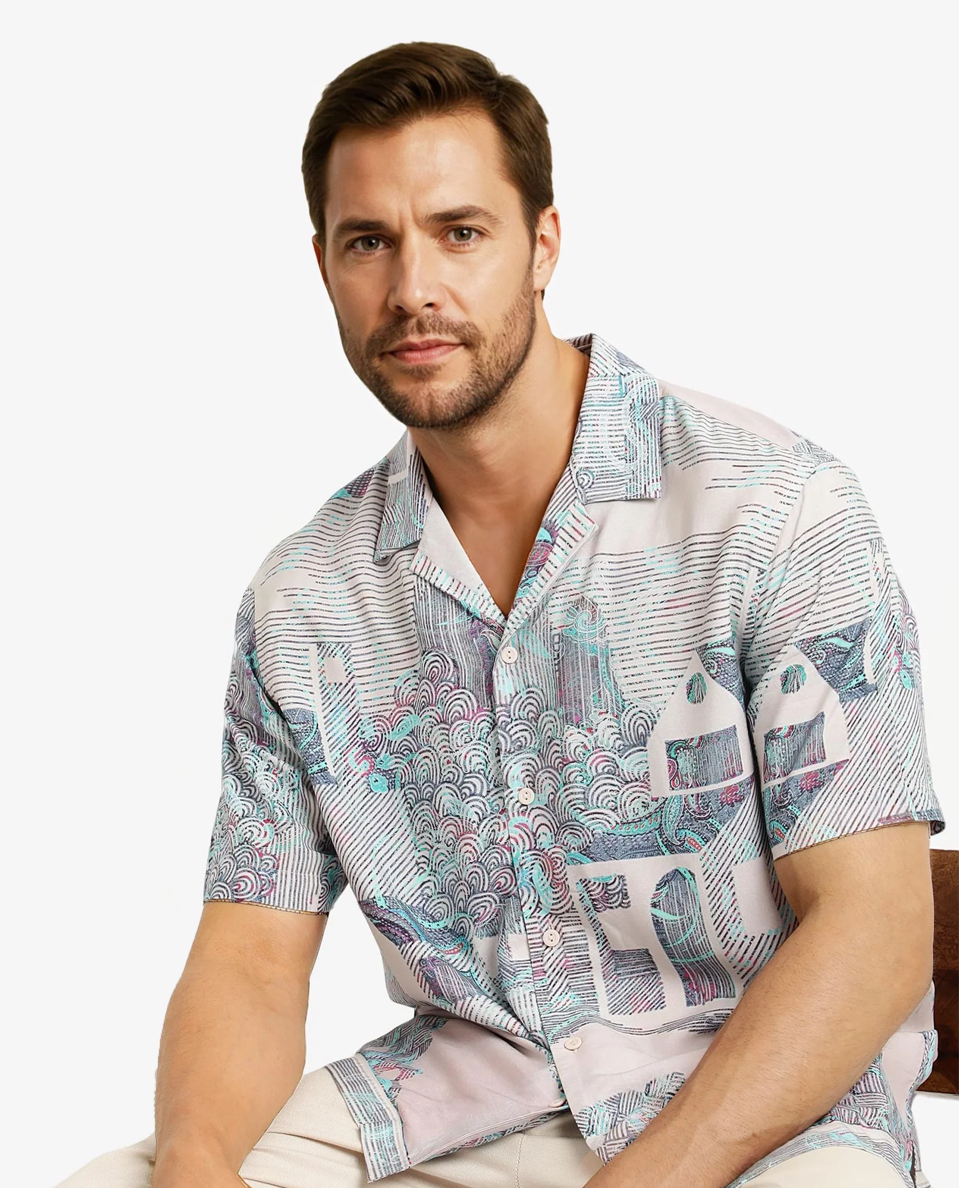 Rare Rabbit Men's Lanco Pastel Pink Viscose Decorative Print Boxy Fit Half Sleeve Cuban Collar Shirt - Image 6