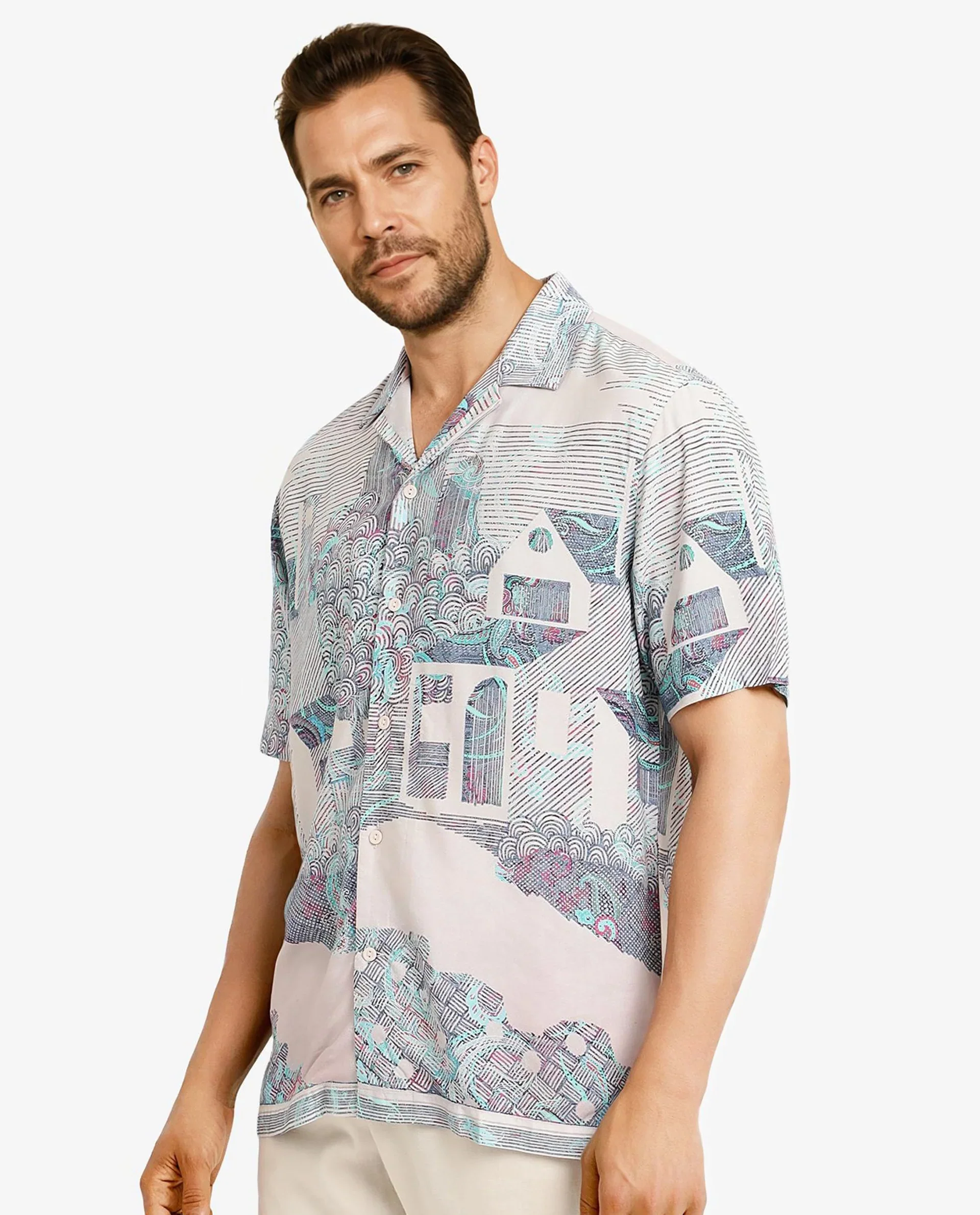 Rare Rabbit Men's Lanco Pastel Pink Viscose Decorative Print Boxy Fit Half Sleeve Cuban Collar Shirt - Image 7
