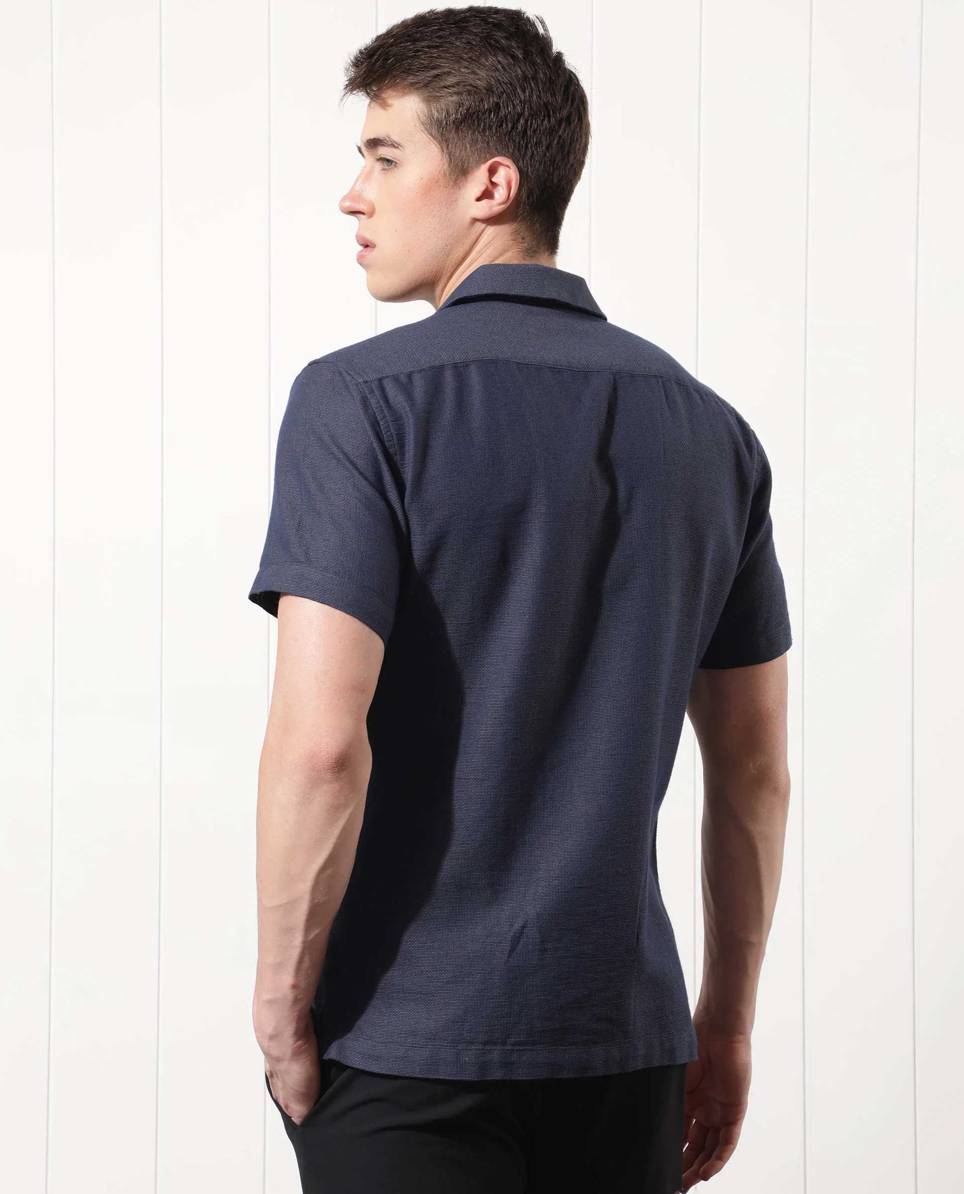 Rare Rabbit Men's Land Navy Cotton Plain Regular Fit Half Sleeve Cuban Collar Shirt - Image 14