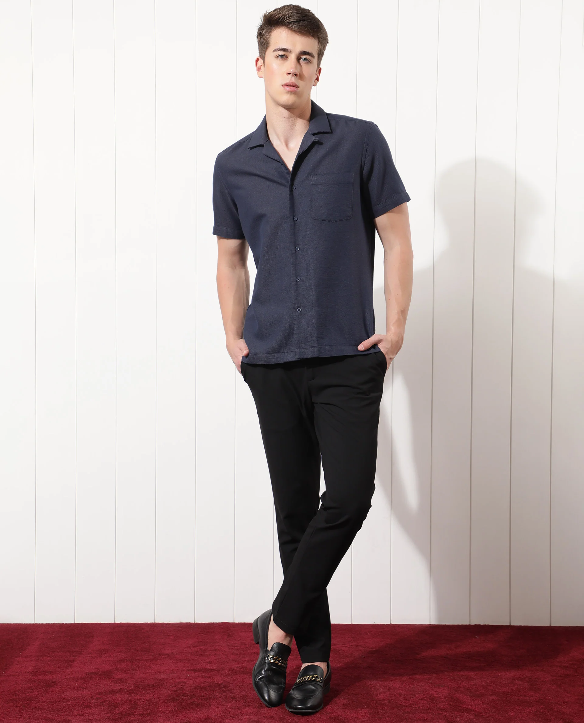 Rare Rabbit Men's Land Navy Cotton Plain Regular Fit Half Sleeve Cuban Collar Shirt - Image 2