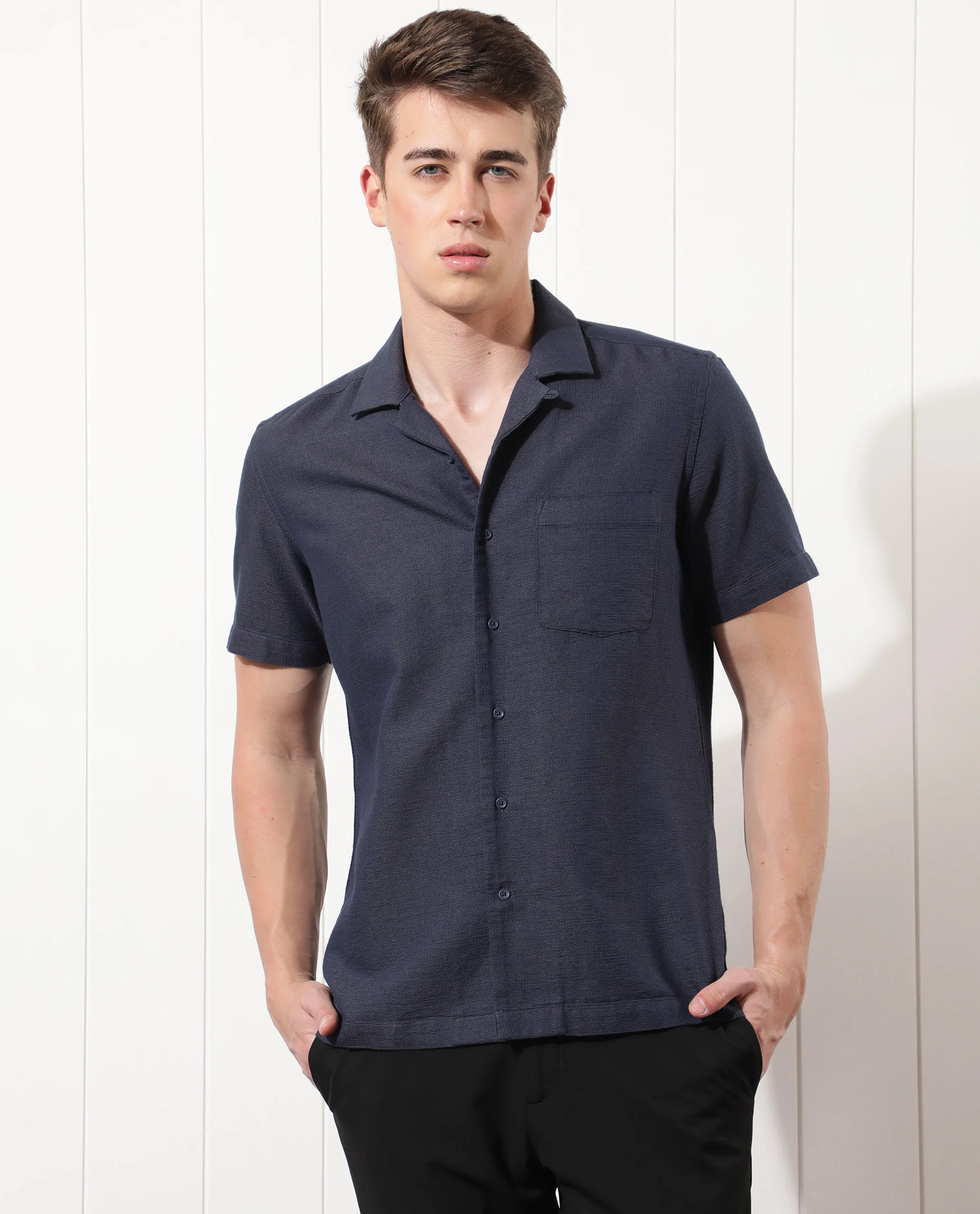 Rare Rabbit Men's Land Navy Cotton Plain Regular Fit Half Sleeve Cuban Collar Shirt - Image 4
