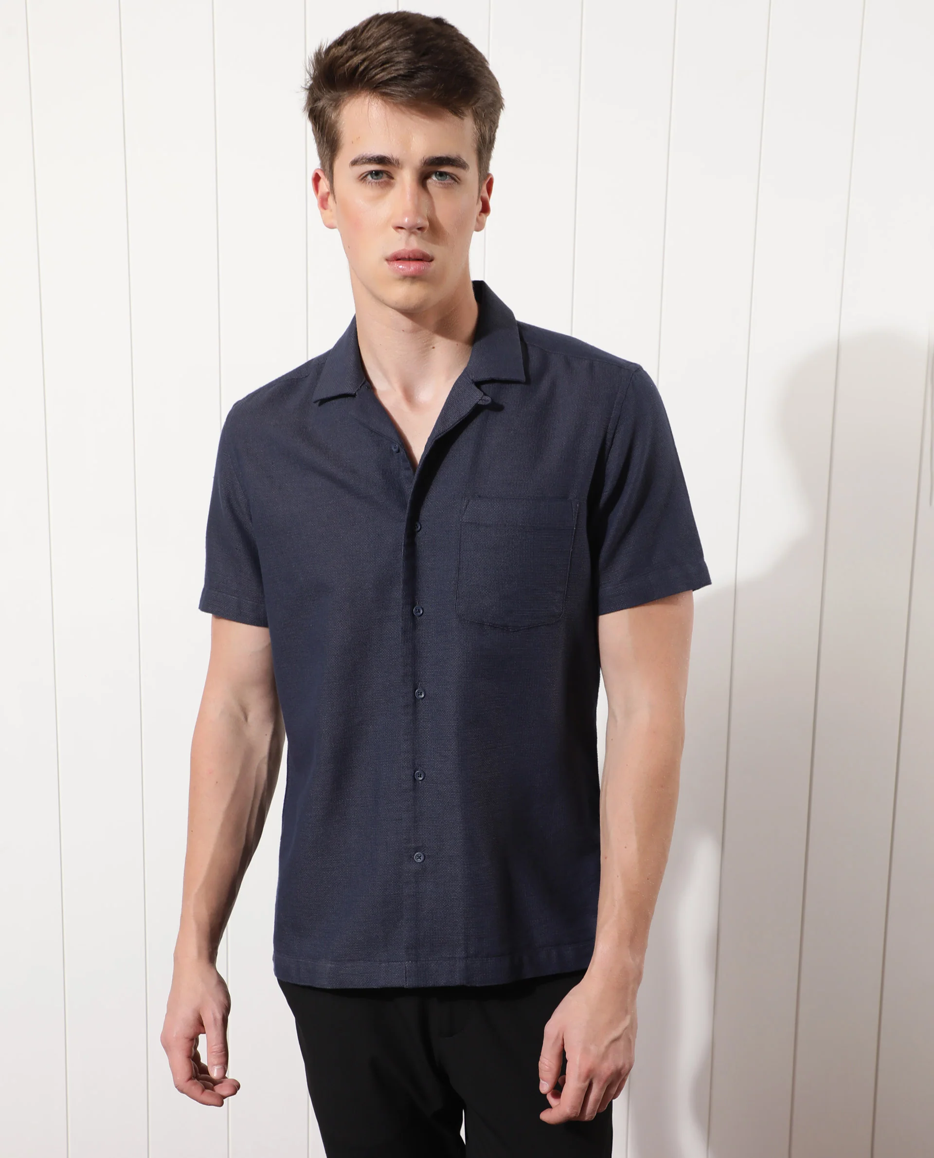 Rare Rabbit Men's Land Navy Cotton Plain Regular Fit Half Sleeve Cuban Collar Shirt - Image 5