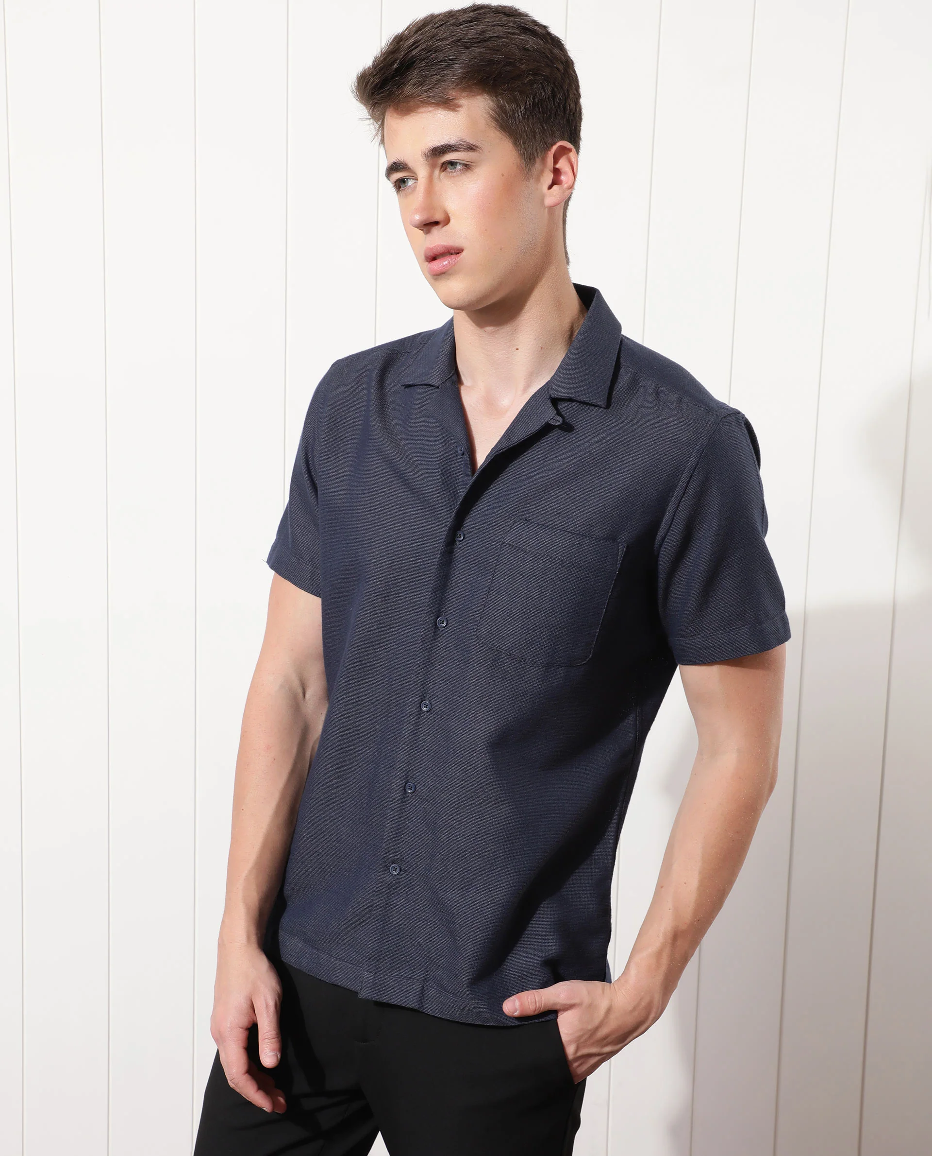 Rare Rabbit Men's Land Navy Cotton Plain Regular Fit Half Sleeve Cuban Collar Shirt - Image 6