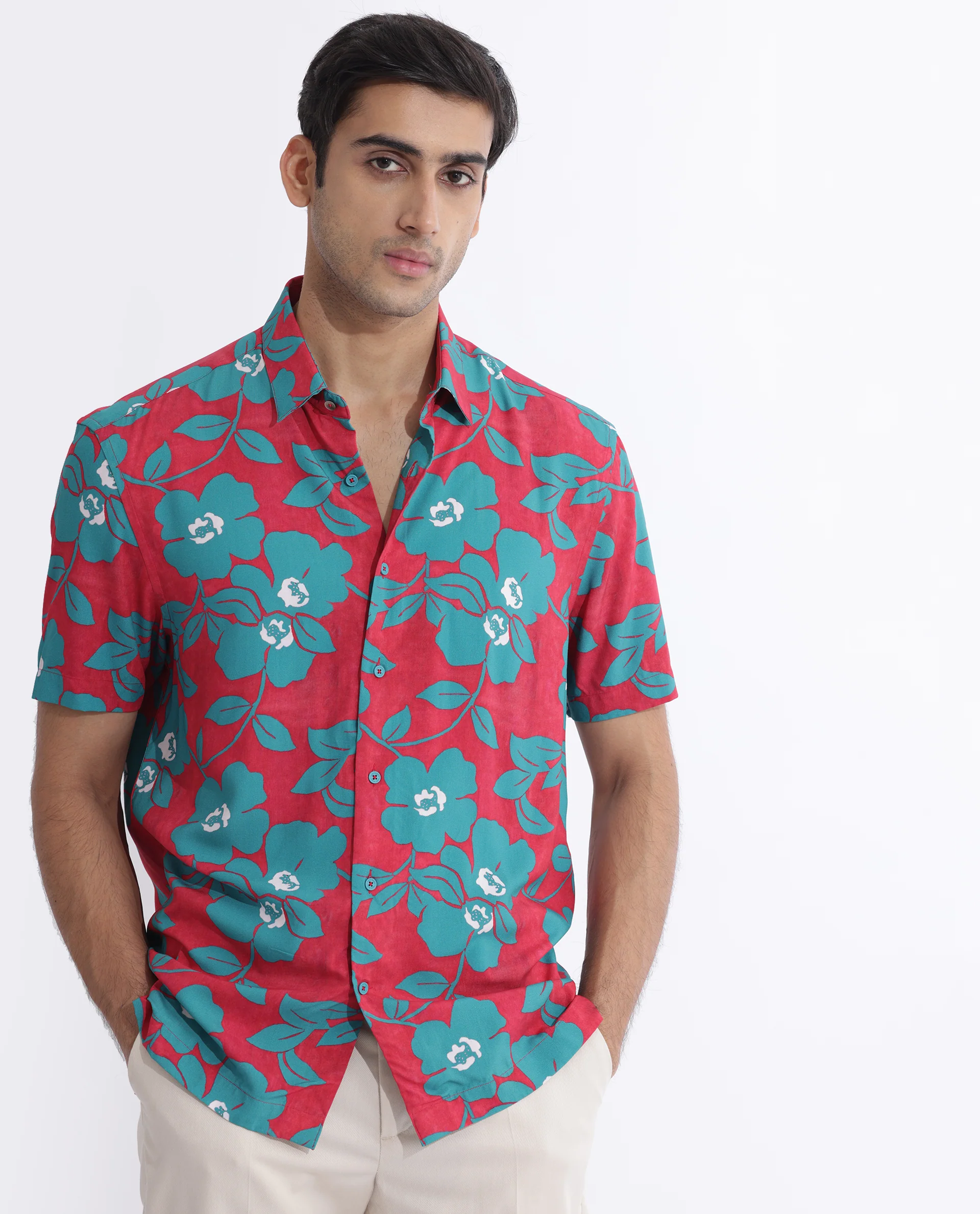 Rare Rabbit Men's Landon Dark Pink Viscose Floral Print Regular Fit Half Sleeve Collared Shirt
