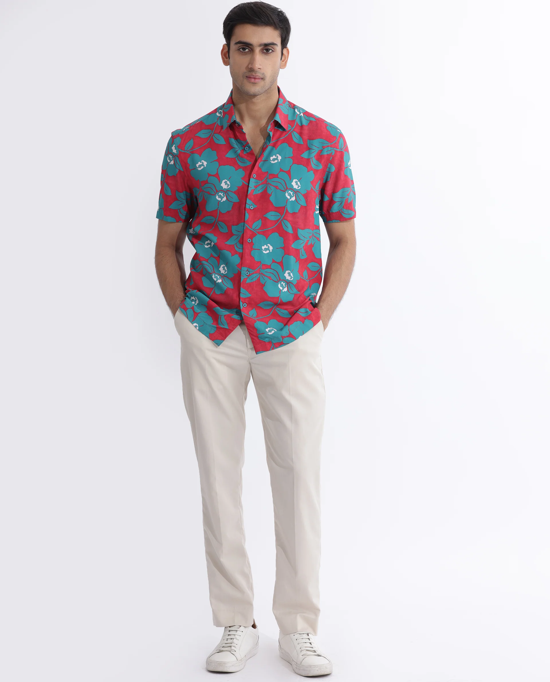 Rare Rabbit Men's Landon Dark Pink Viscose Floral Print Regular Fit Half Sleeve Collared Shirt - Image 2
