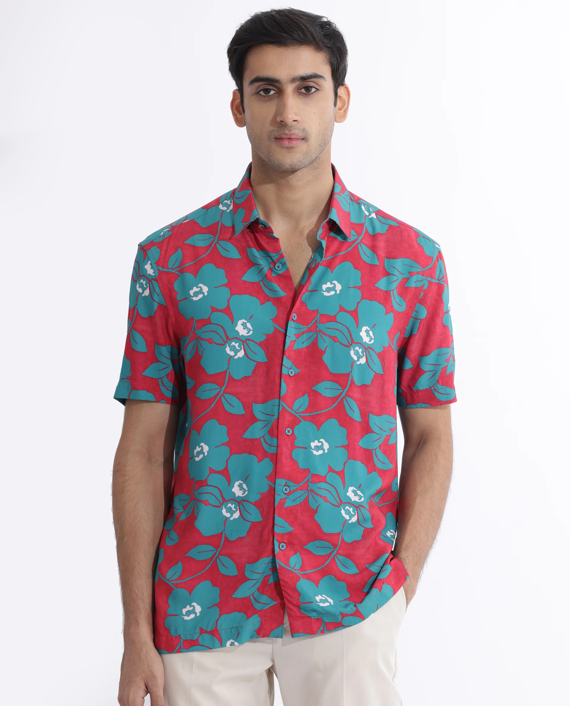 Rare Rabbit Men's Landon Dark Pink Viscose Floral Print Regular Fit Half Sleeve Collared Shirt - Image 3
