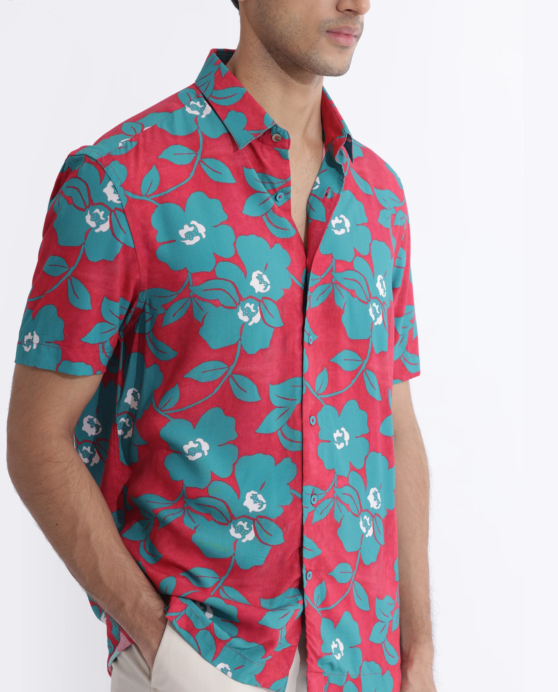 Rare Rabbit Men's Landon Dark Pink Viscose Floral Print Regular Fit Half Sleeve Collared Shirt - Image 4