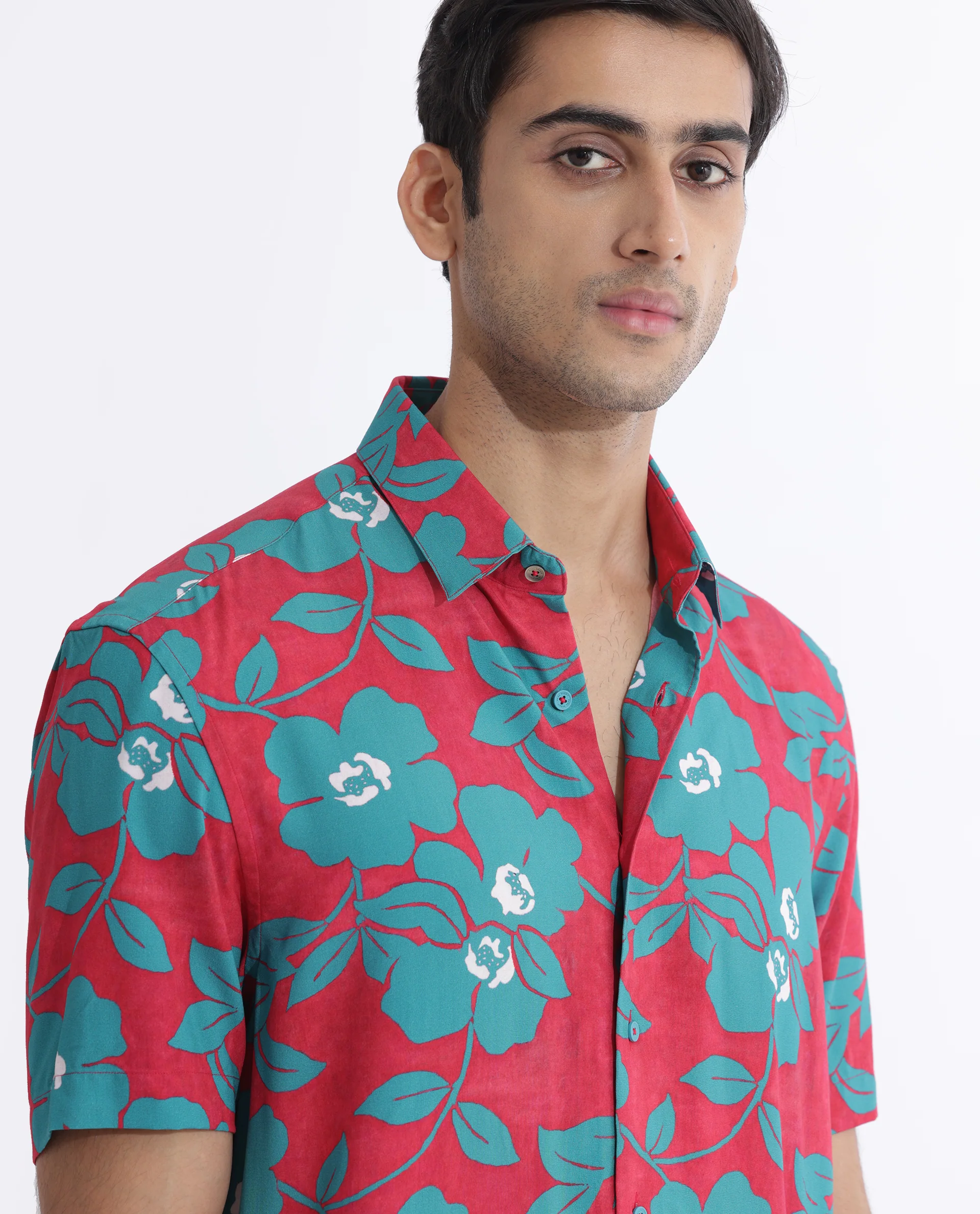 Rare Rabbit Men's Landon Dark Pink Viscose Floral Print Regular Fit Half Sleeve Collared Shirt - Image 5