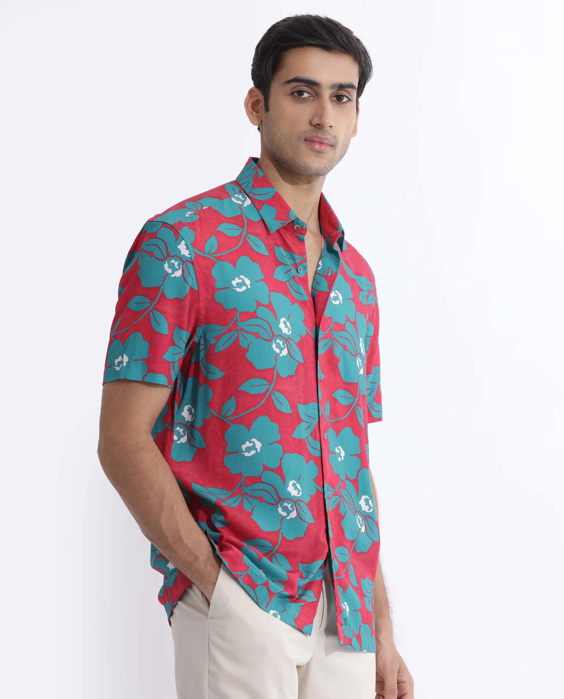 Rare Rabbit Men's Landon Dark Pink Viscose Floral Print Regular Fit Half Sleeve Collared Shirt - Image 6