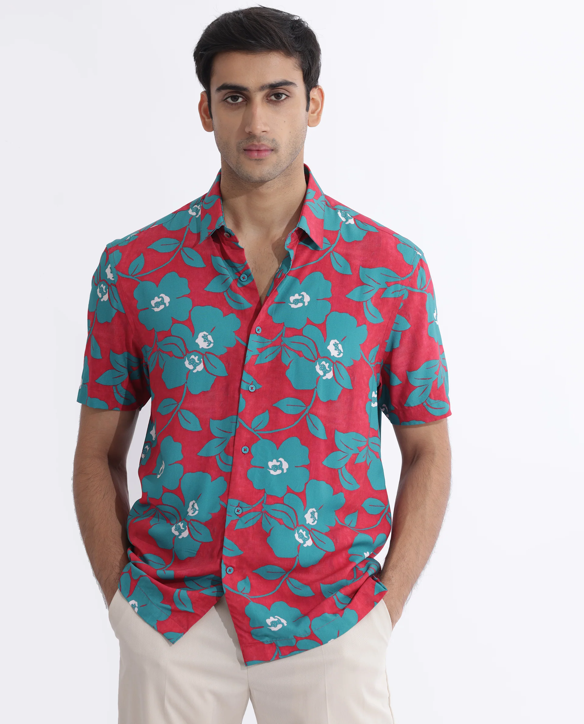 Rare Rabbit Men's Landon Dark Pink Viscose Floral Print Regular Fit Half Sleeve Collared Shirt - Image 7
