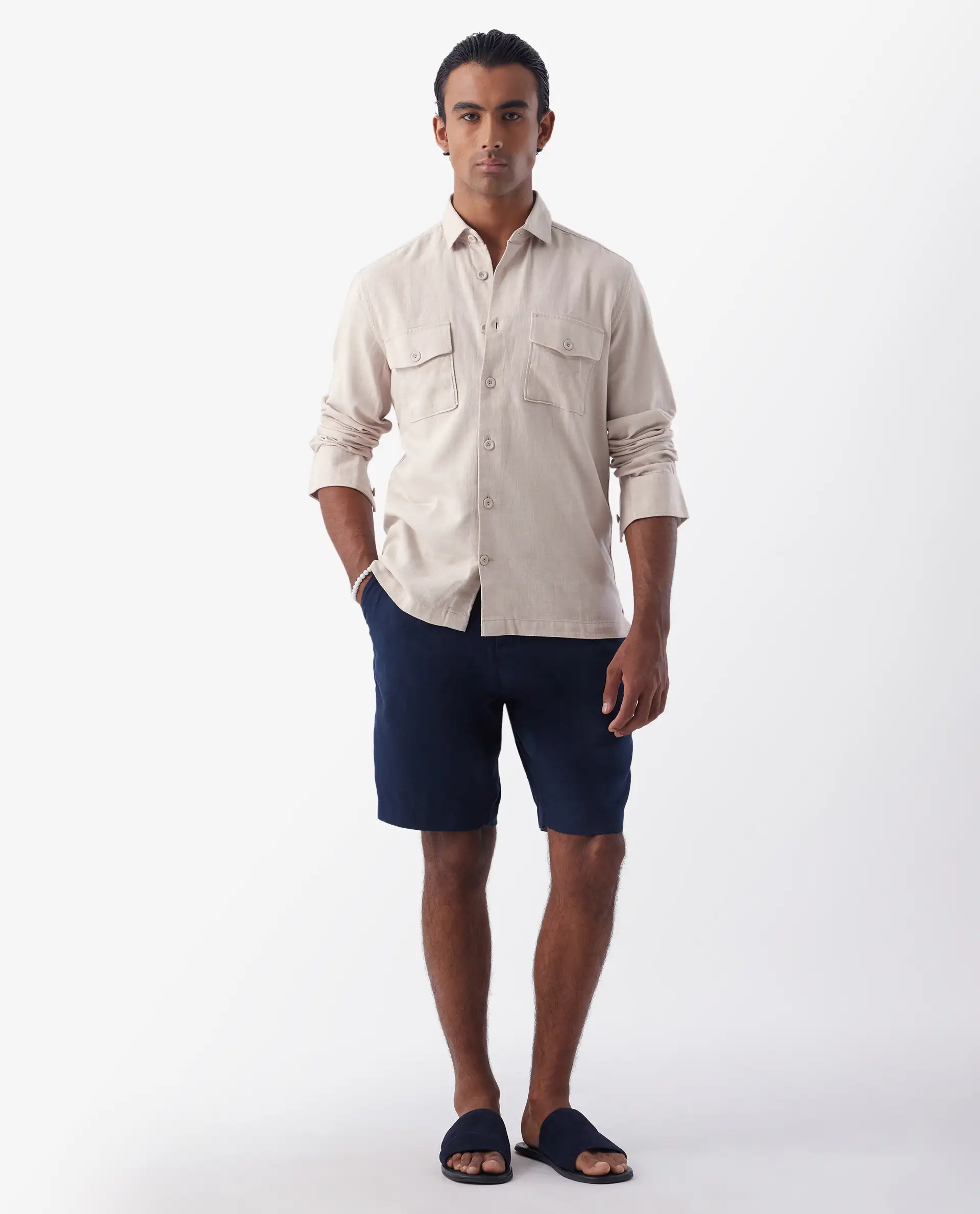 Rare Rabbit Men's Lang Beige Linen Blend Plain Regular Fit Full Sleeve Collared Shirt - Image 2