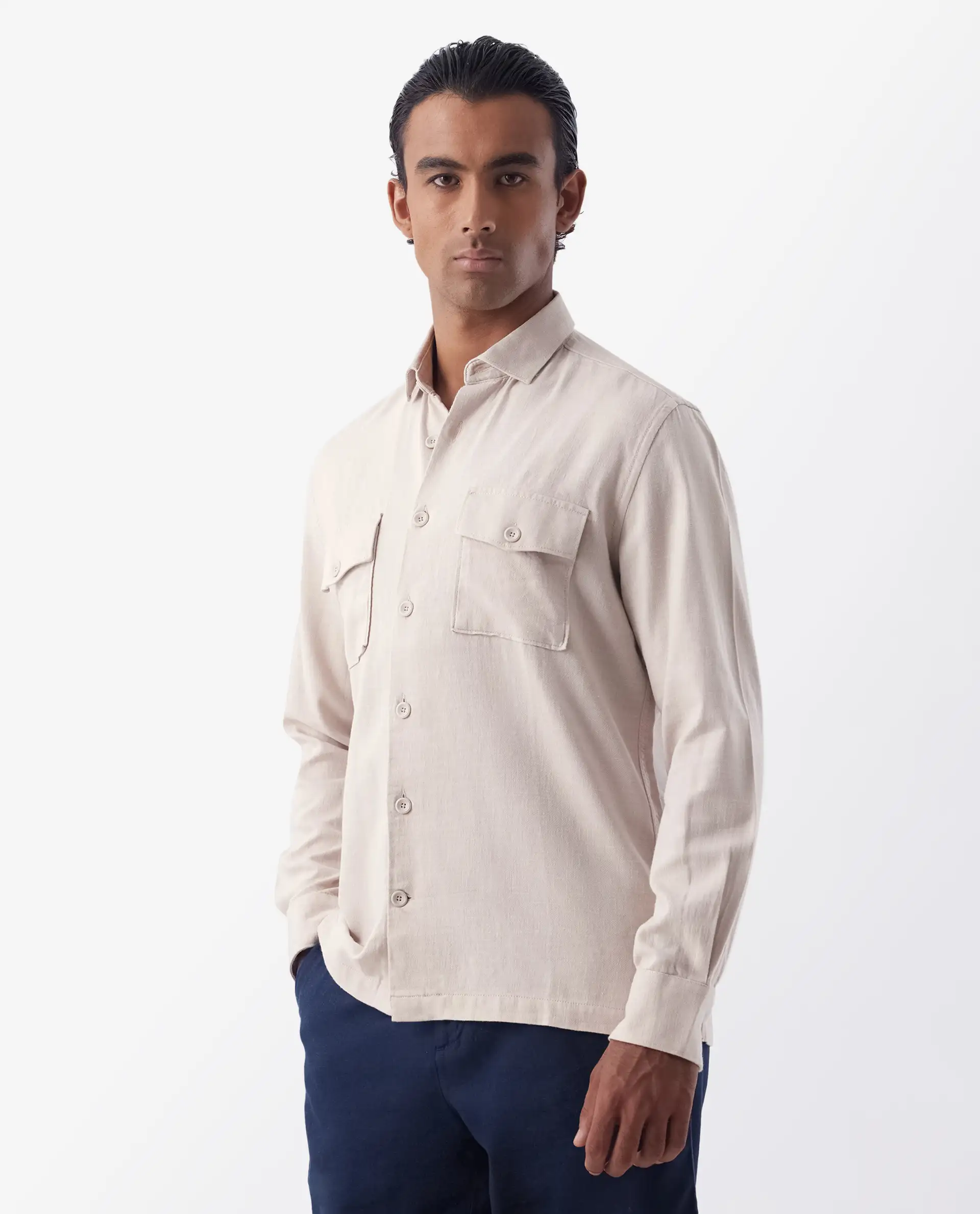 Rare Rabbit Men's Lang Beige Linen Blend Plain Regular Fit Full Sleeve Collared Shirt - Image 5