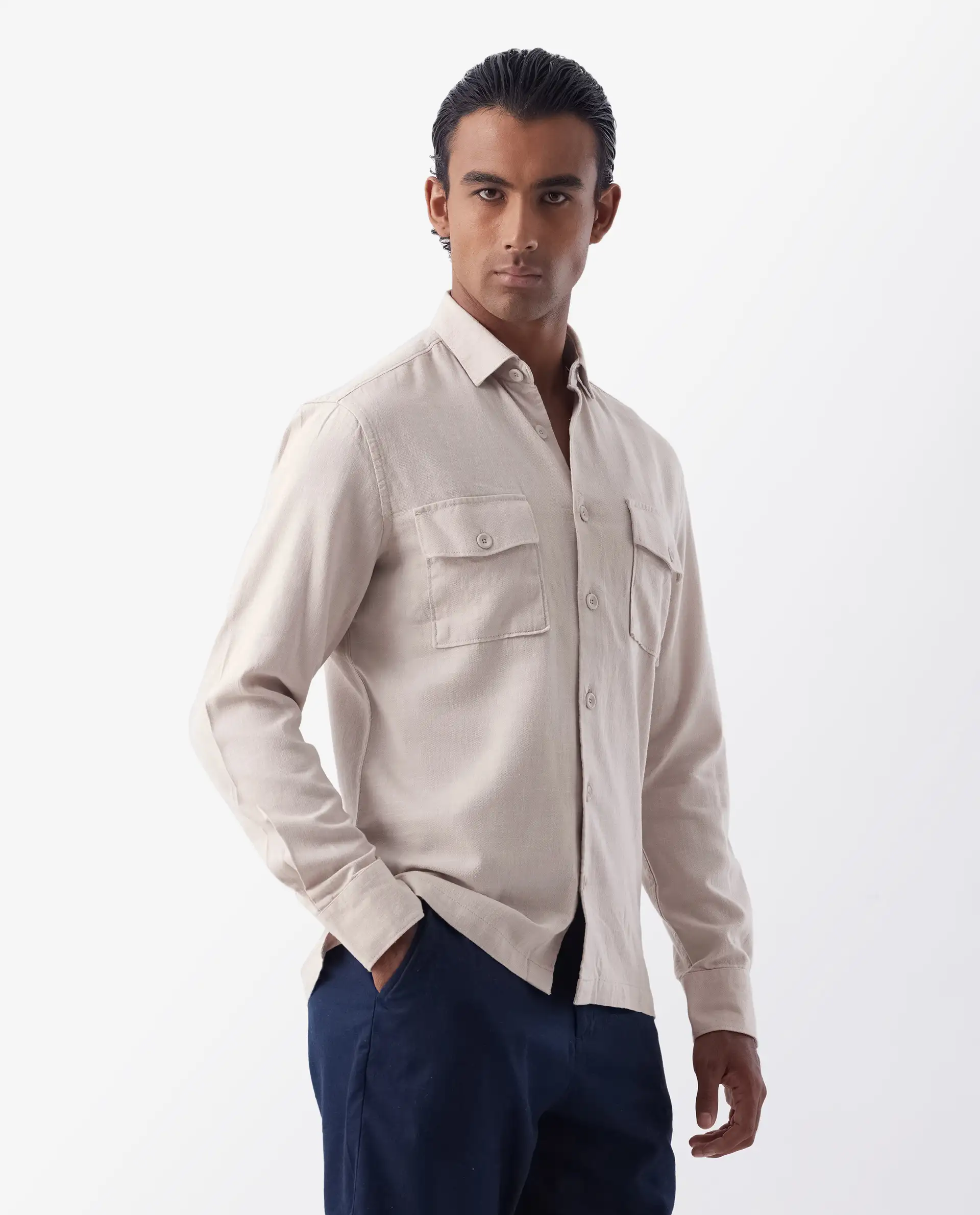 Rare Rabbit Men's Lang Beige Linen Blend Plain Regular Fit Full Sleeve Collared Shirt - Image 6