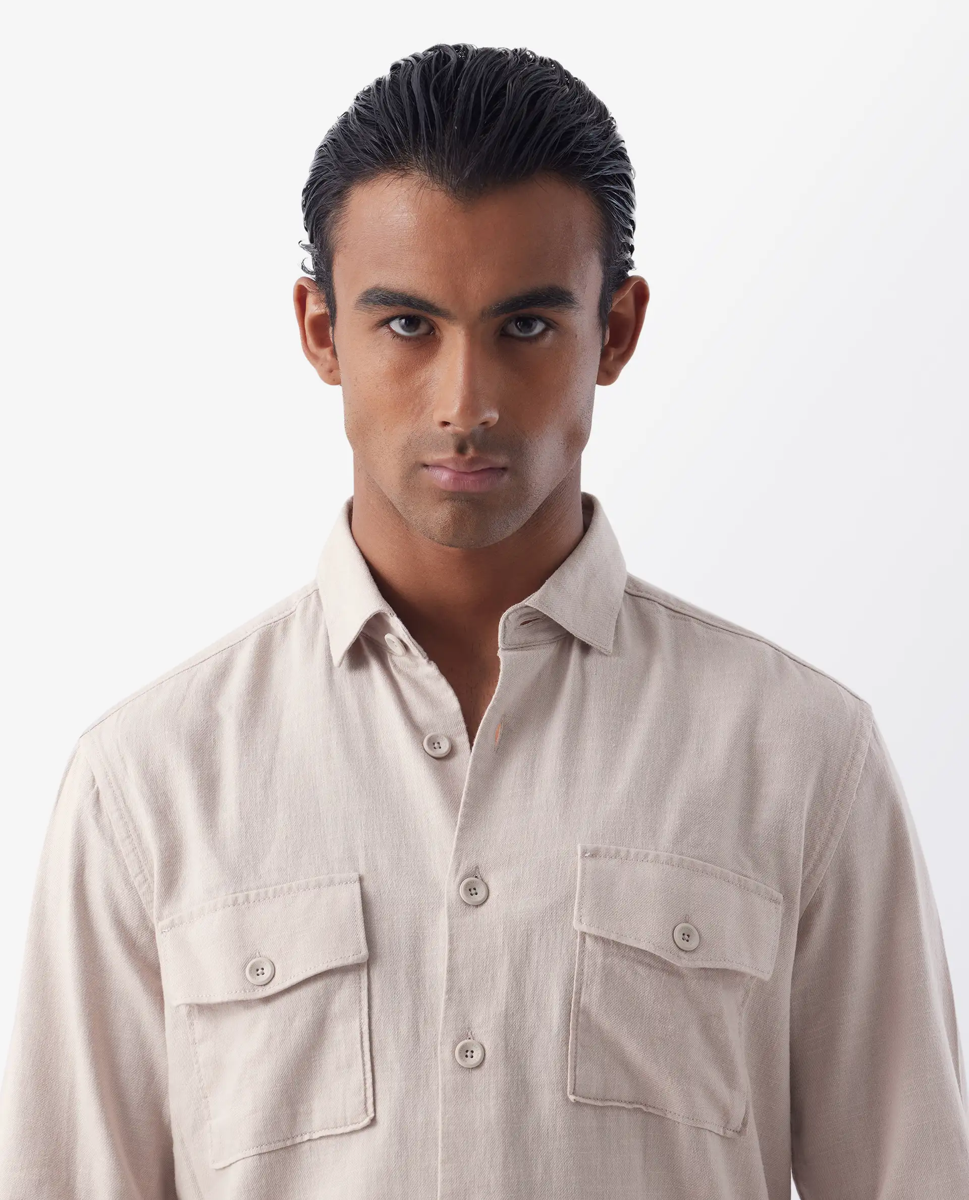 Rare Rabbit Men's Lang Beige Linen Blend Plain Regular Fit Full Sleeve Collared Shirt - Image 7