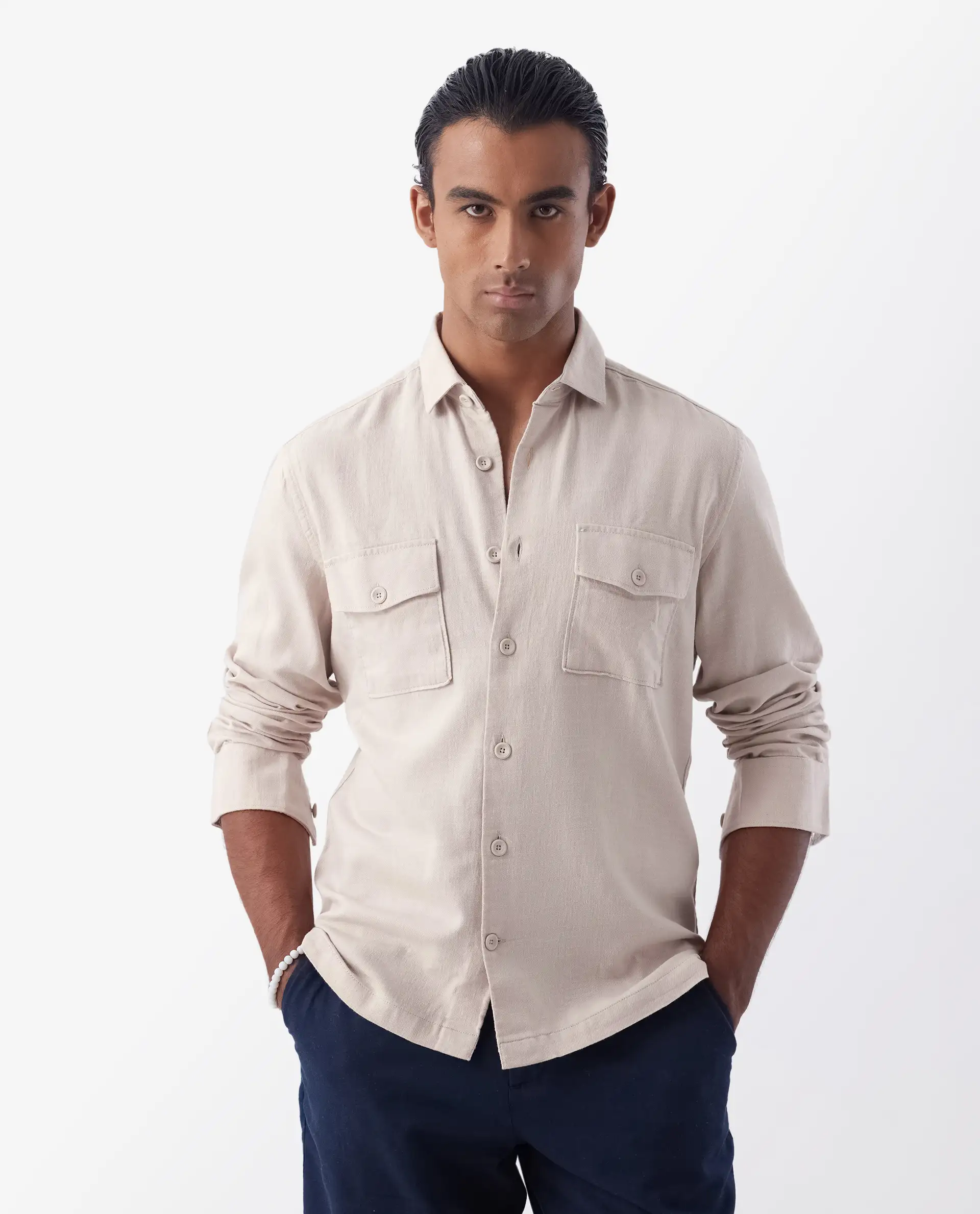 Rare Rabbit Men's Lang Beige Linen Blend Plain Regular Fit Full Sleeve Collared Shirt - Image 8