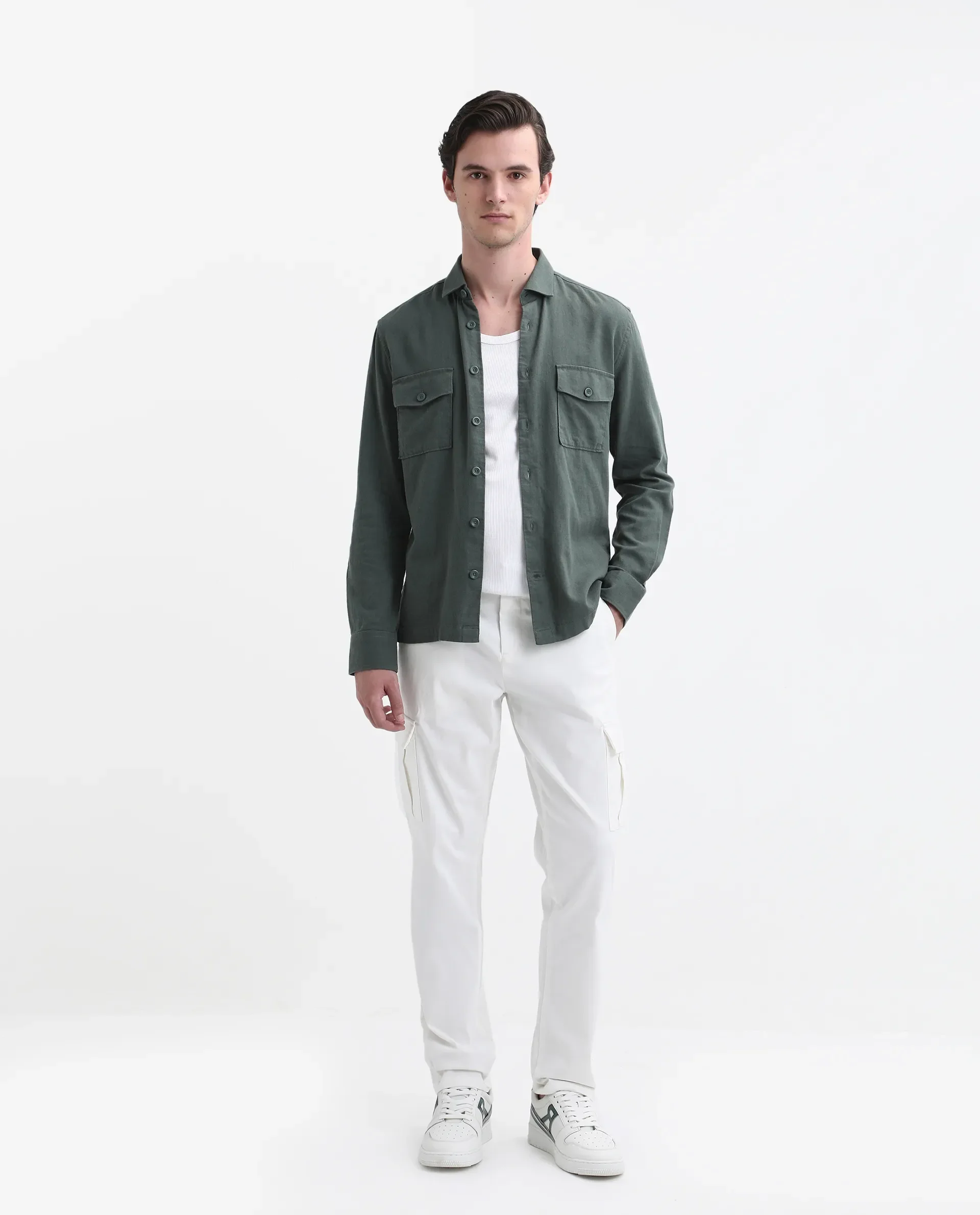 Rare Rabbit Men's Lang Dark Green Linen Blend Plain Regular Fit Full Sleeve Collared Shirt - Image 2