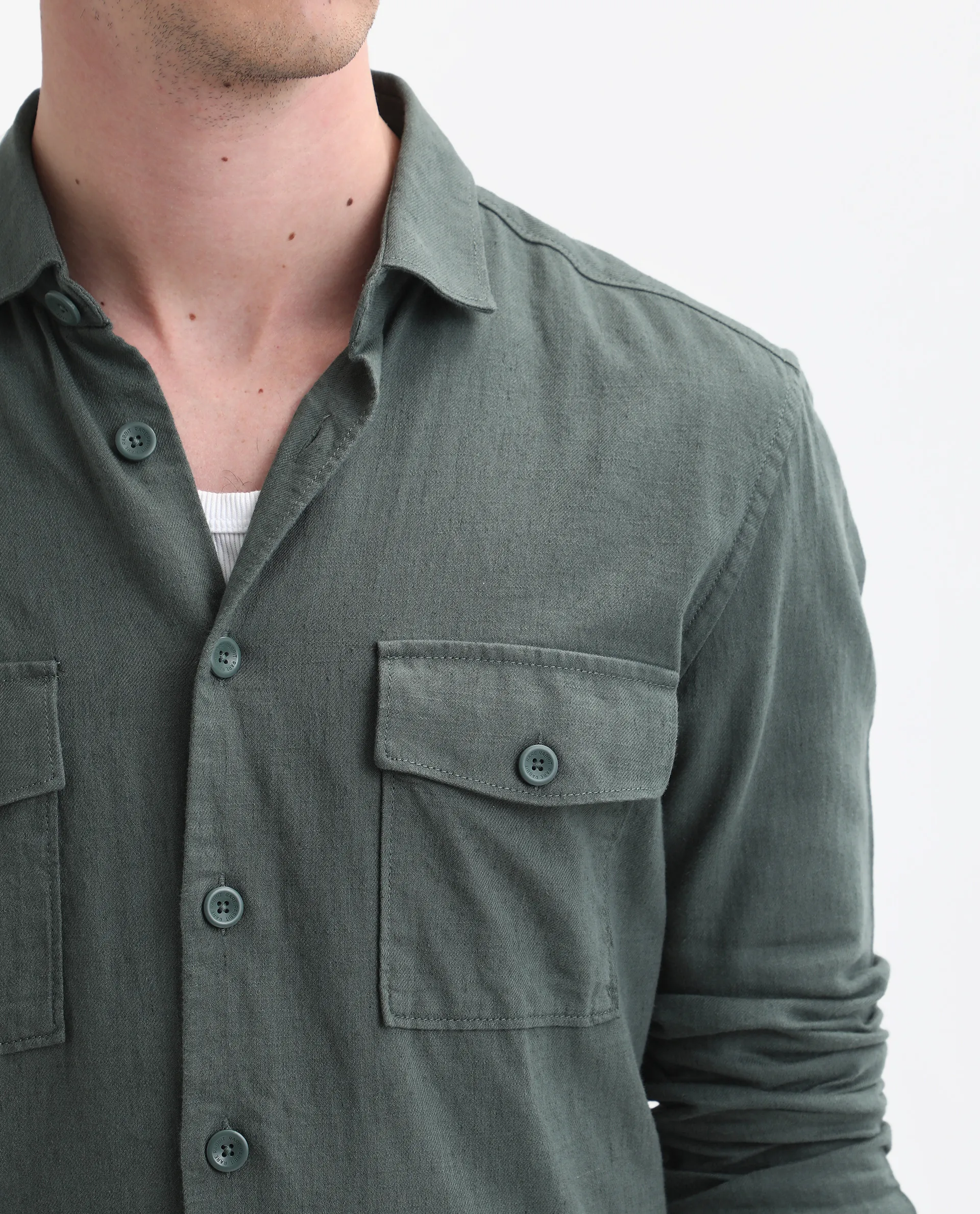 Rare Rabbit Men's Lang Dark Green Linen Blend Plain Regular Fit Full Sleeve Collared Shirt - Image 3