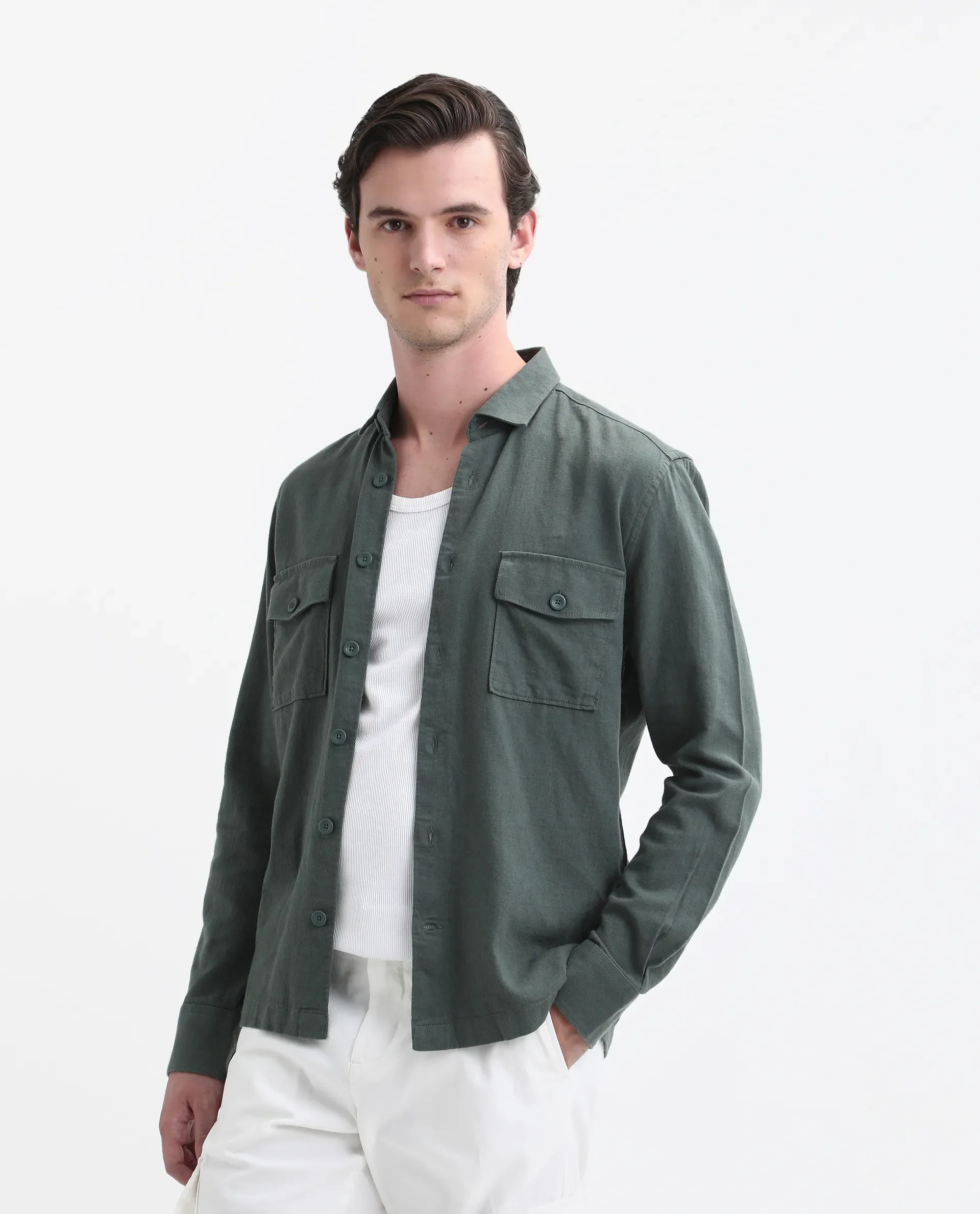 Rare Rabbit Men's Lang Dark Green Linen Blend Plain Regular Fit Full Sleeve Collared Shirt - Image 4