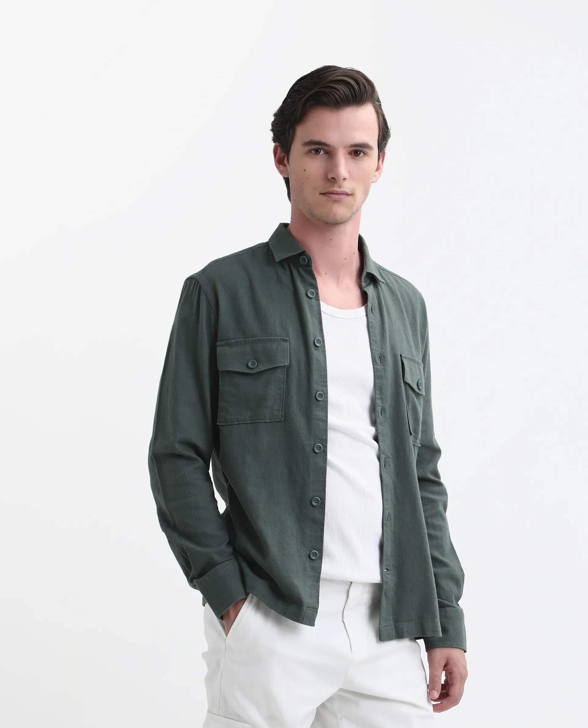 Rare Rabbit Men's Lang Dark Green Linen Blend Plain Regular Fit Full Sleeve Collared Shirt - Image 5