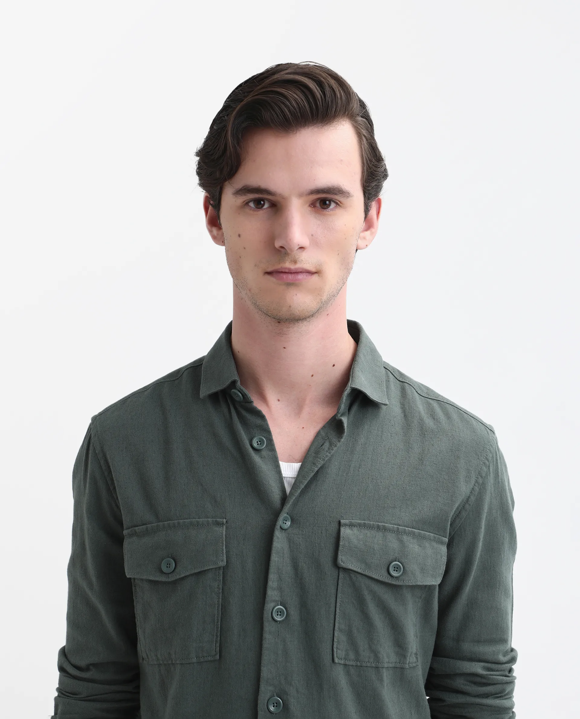 Rare Rabbit Men's Lang Dark Green Linen Blend Plain Regular Fit Full Sleeve Collared Shirt - Image 6