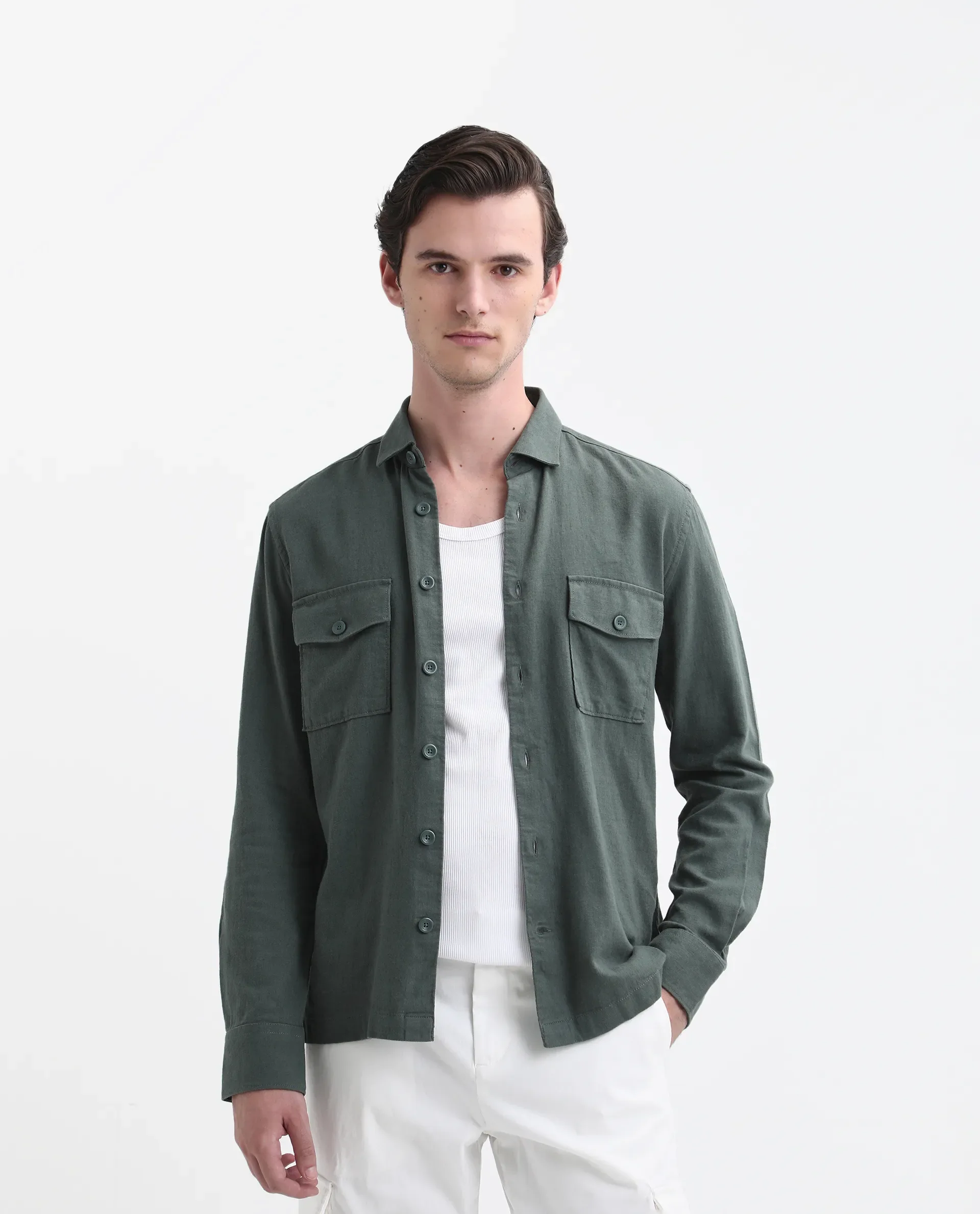 Rare Rabbit Men's Lang Dark Green Linen Blend Plain Regular Fit Full Sleeve Collared Shirt - Image 7