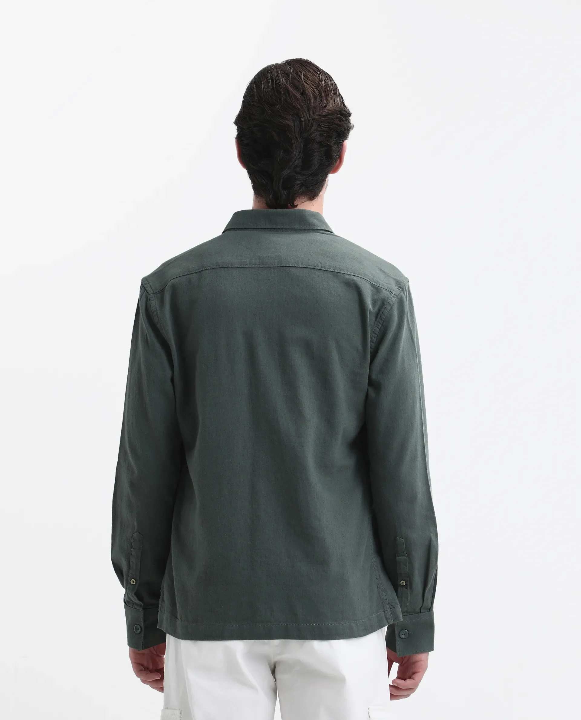 Rare Rabbit Men's Lang Dark Green Linen Blend Plain Regular Fit Full Sleeve Collared Shirt - Image 8