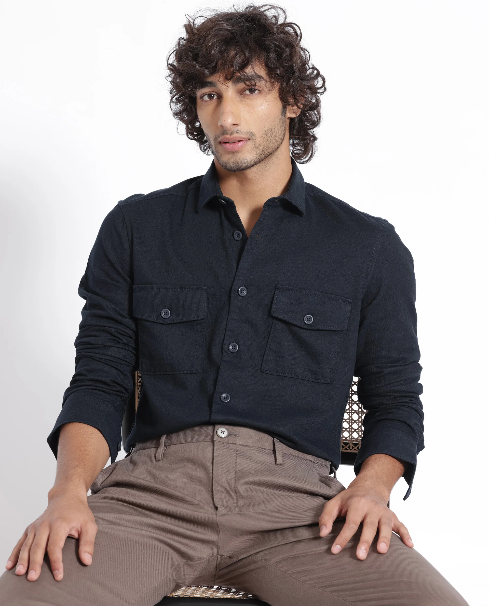 Rare Rabbit Men's Lang Navy Linen Blend Plain Regular Fit Full Sleeve Collared Shirt - Image 10
