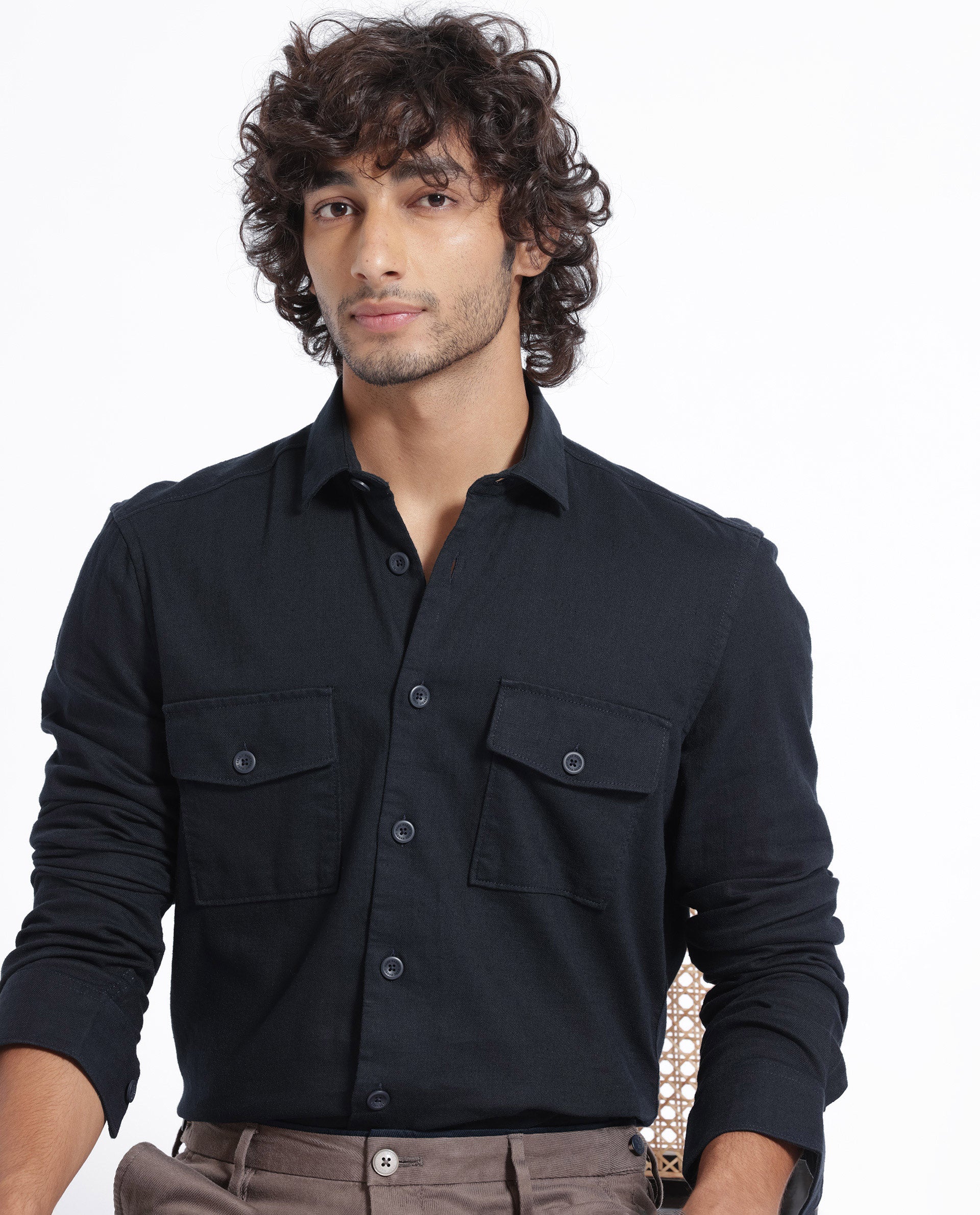 Rare Rabbit Men's Lang Navy Linen Blend Plain Regular Fit Full Sleeve Collared Shirt - Image 12