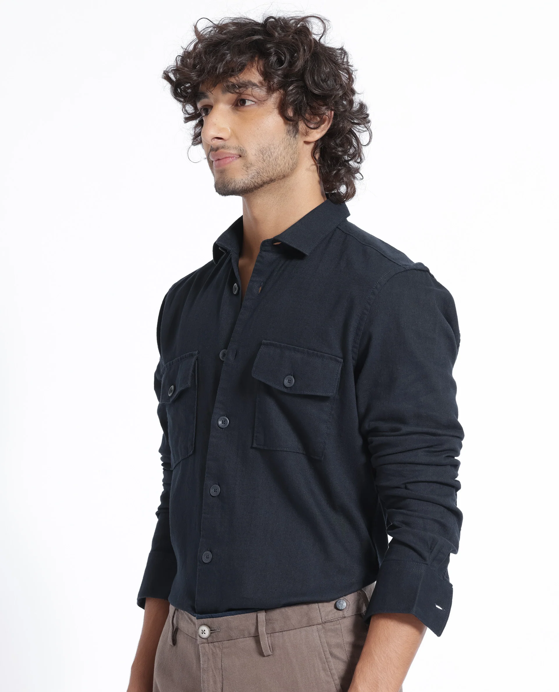 Rare Rabbit Men's Lang Navy Linen Blend Plain Regular Fit Full Sleeve Collared Shirt - Image 14