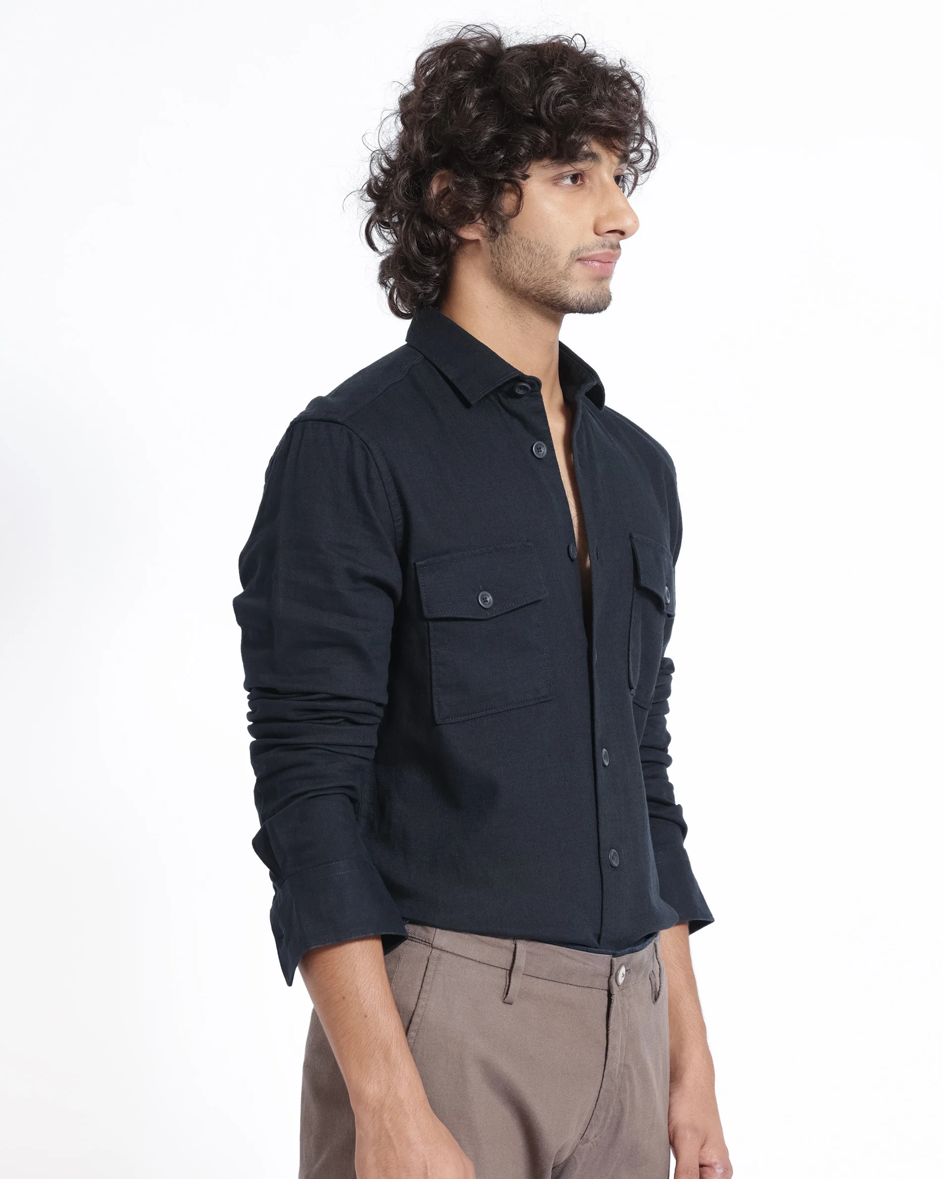 Rare Rabbit Men's Lang Navy Linen Blend Plain Regular Fit Full Sleeve Collared Shirt - Image 15