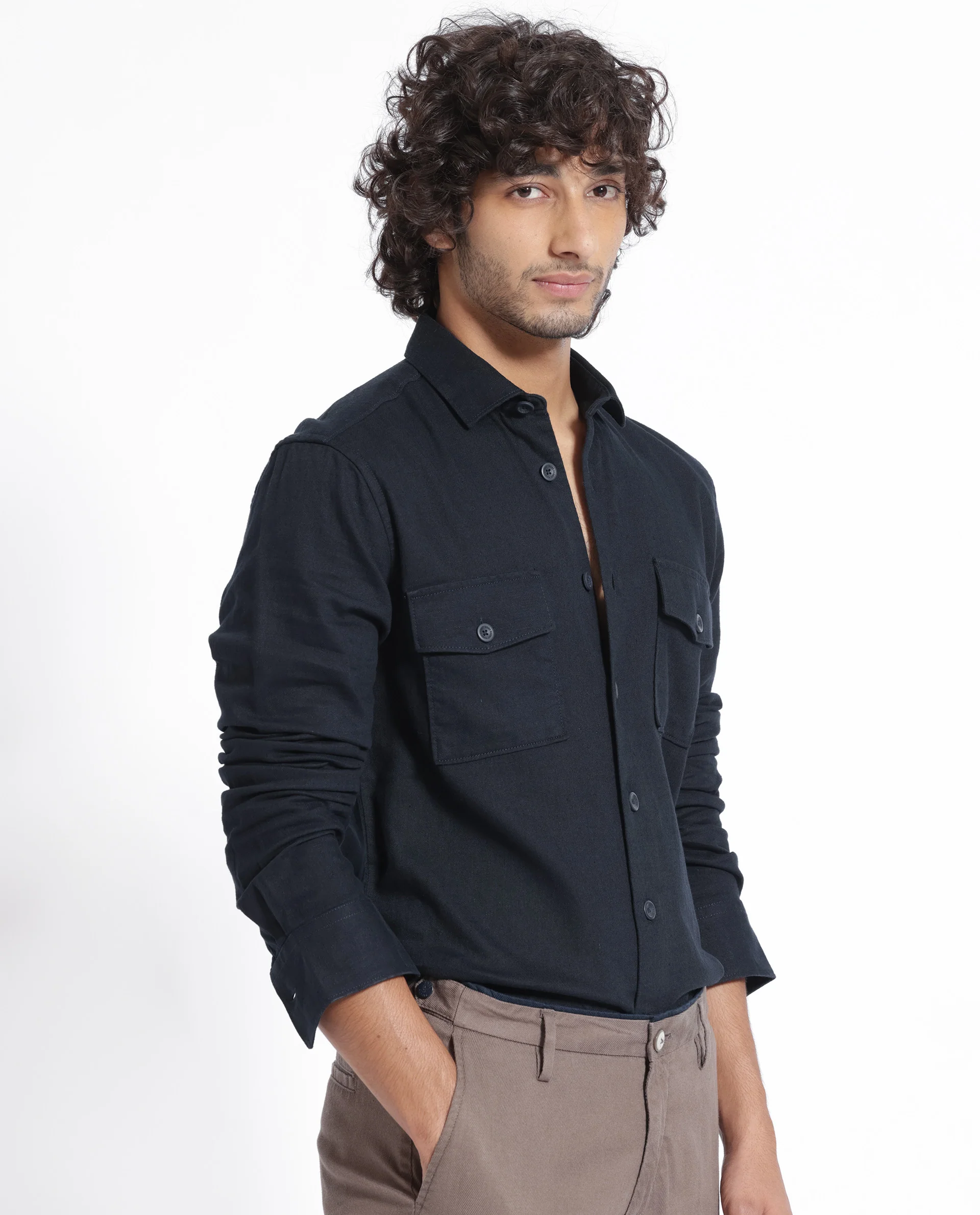 Rare Rabbit Men's Lang Navy Linen Blend Plain Regular Fit Full Sleeve Collared Shirt - Image 16