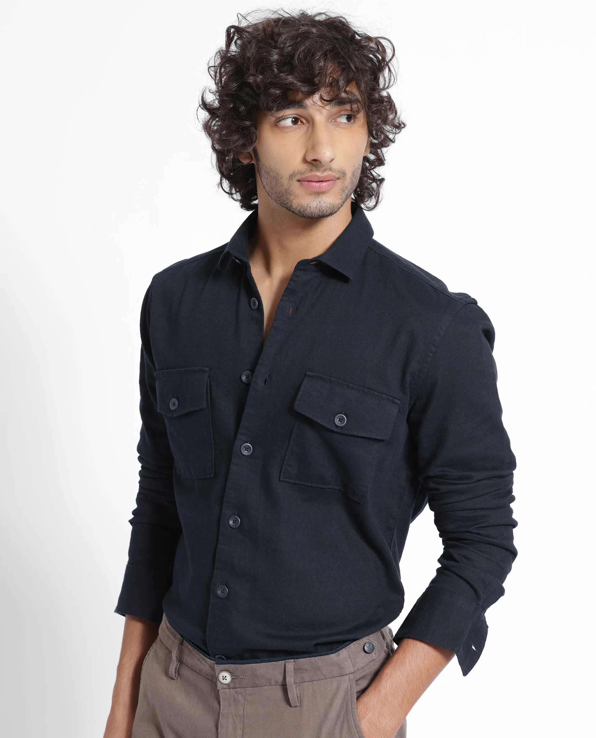 Rare Rabbit Men's Lang Navy Linen Blend Plain Regular Fit Full Sleeve Collared Shirt - Image 3