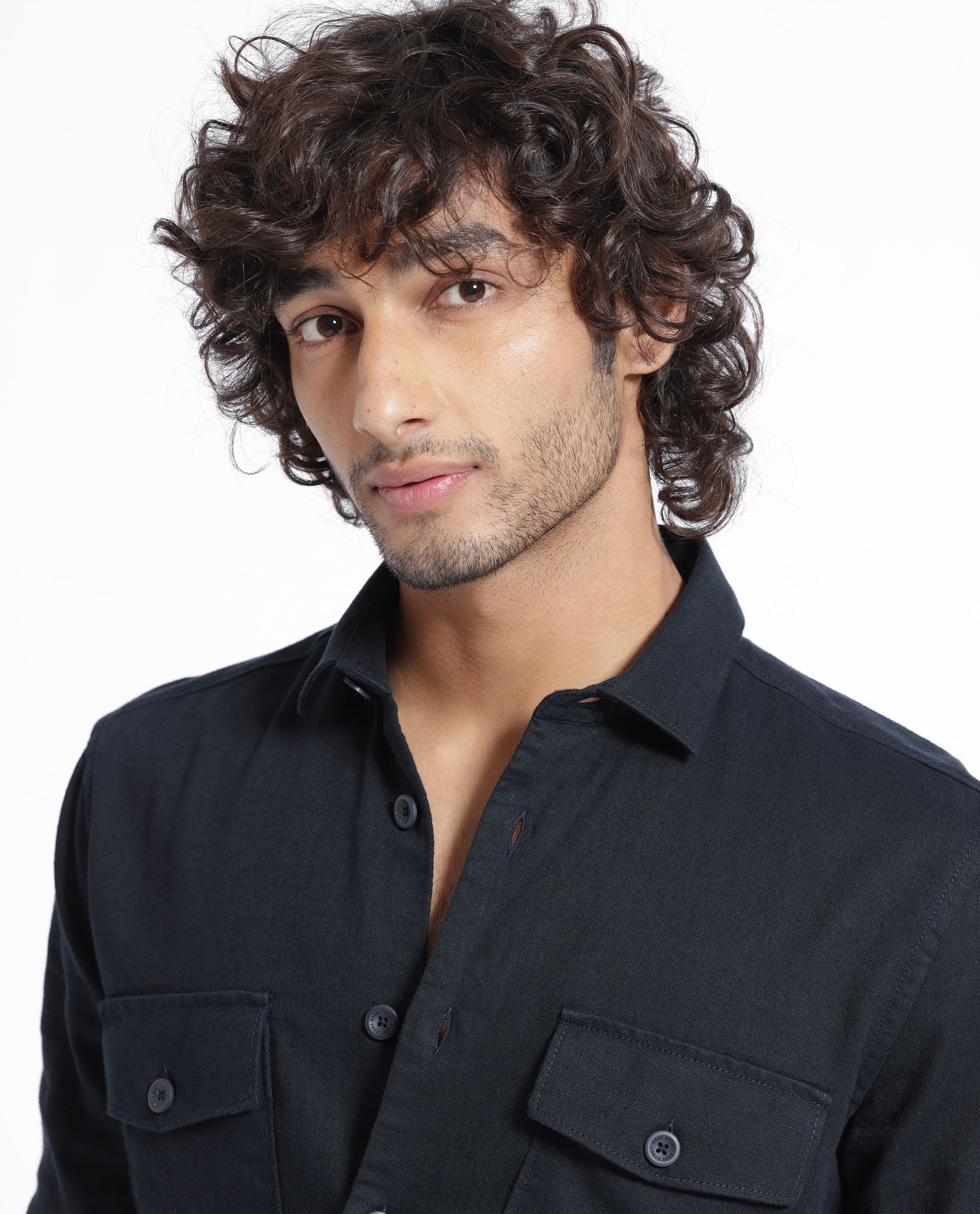 Rare Rabbit Men's Lang Navy Linen Blend Plain Regular Fit Full Sleeve Collared Shirt - Image 4