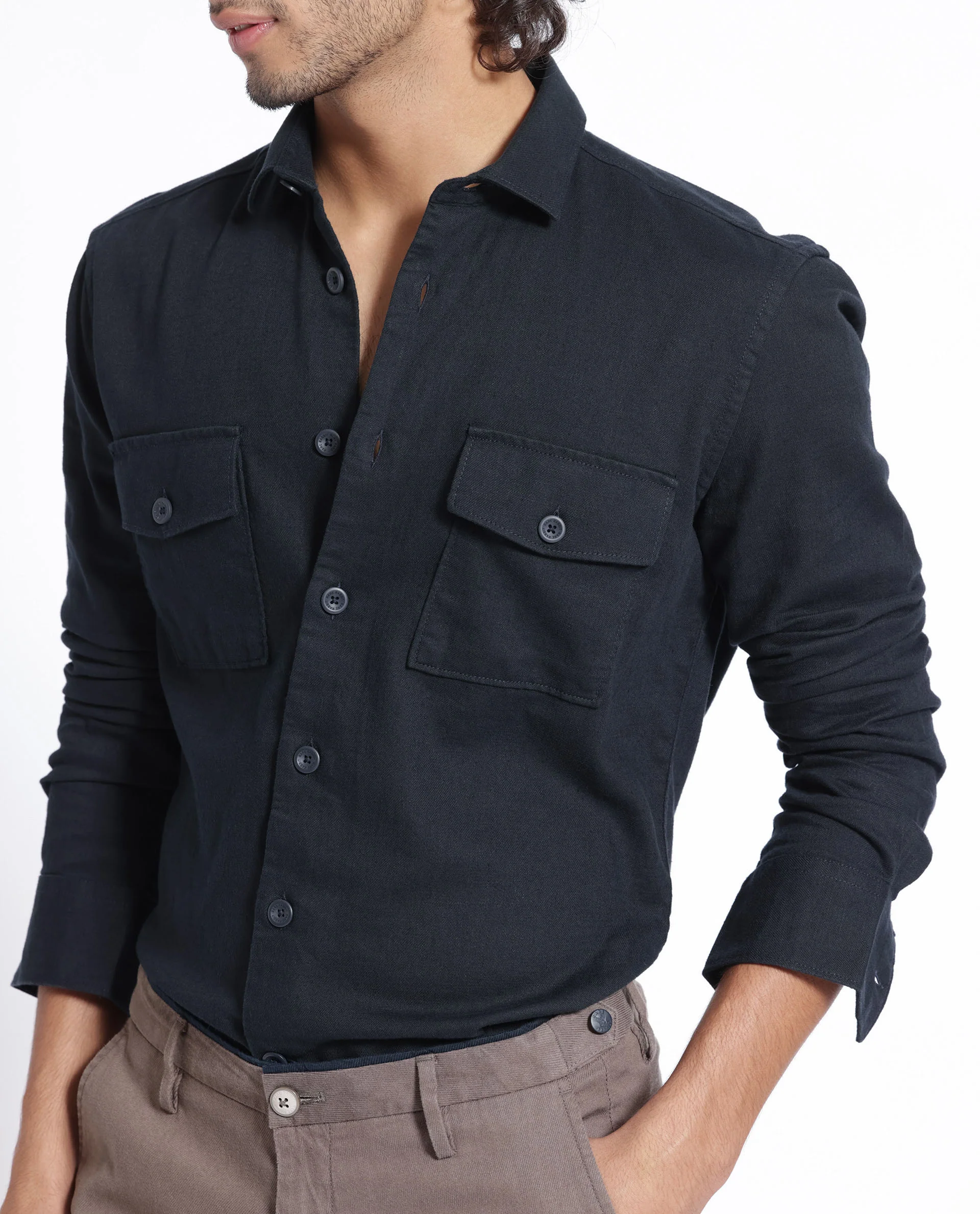Rare Rabbit Men's Lang Navy Linen Blend Plain Regular Fit Full Sleeve Collared Shirt - Image 5