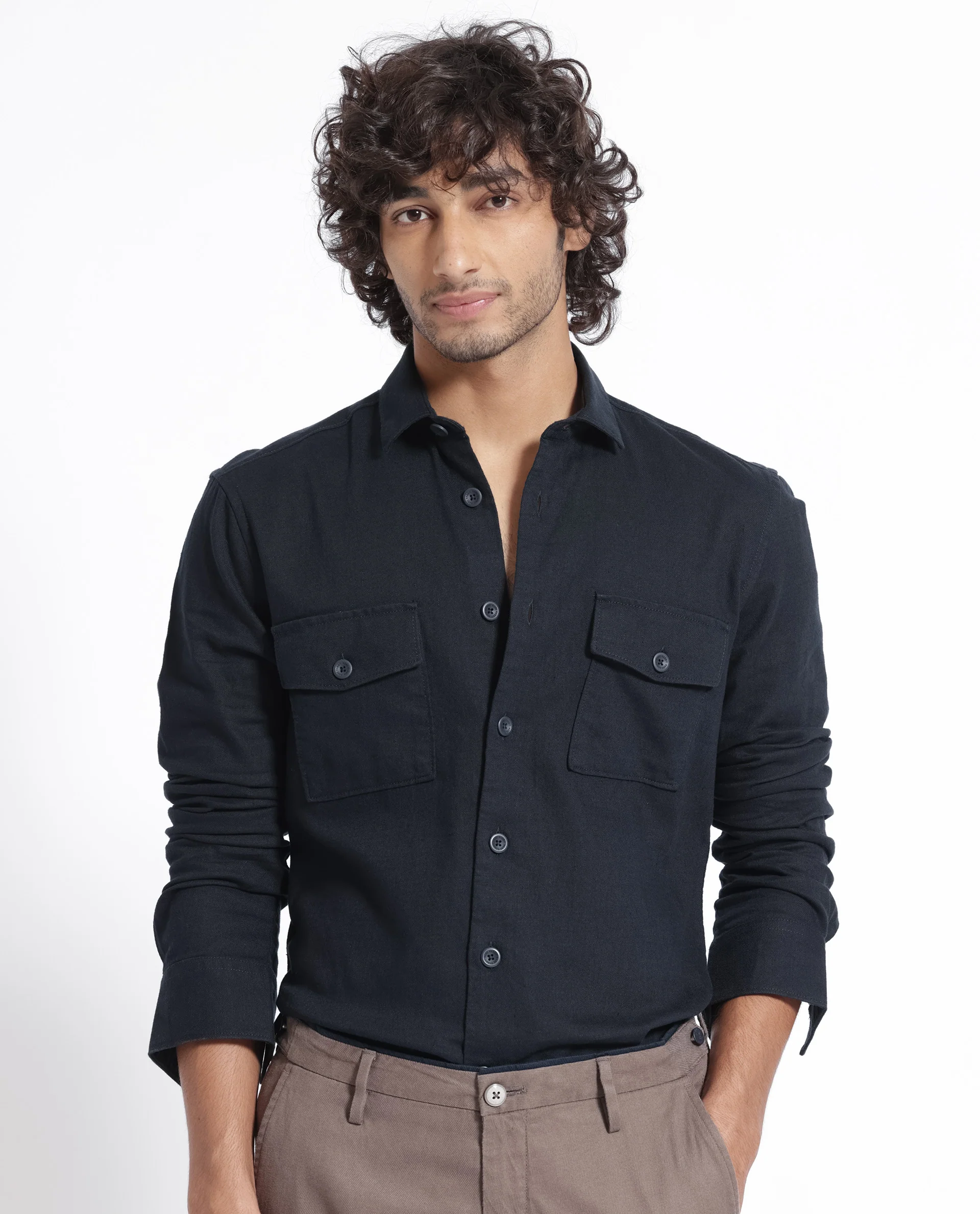 Rare Rabbit Men's Lang Navy Linen Blend Plain Regular Fit Full Sleeve Collared Shirt - Image 6