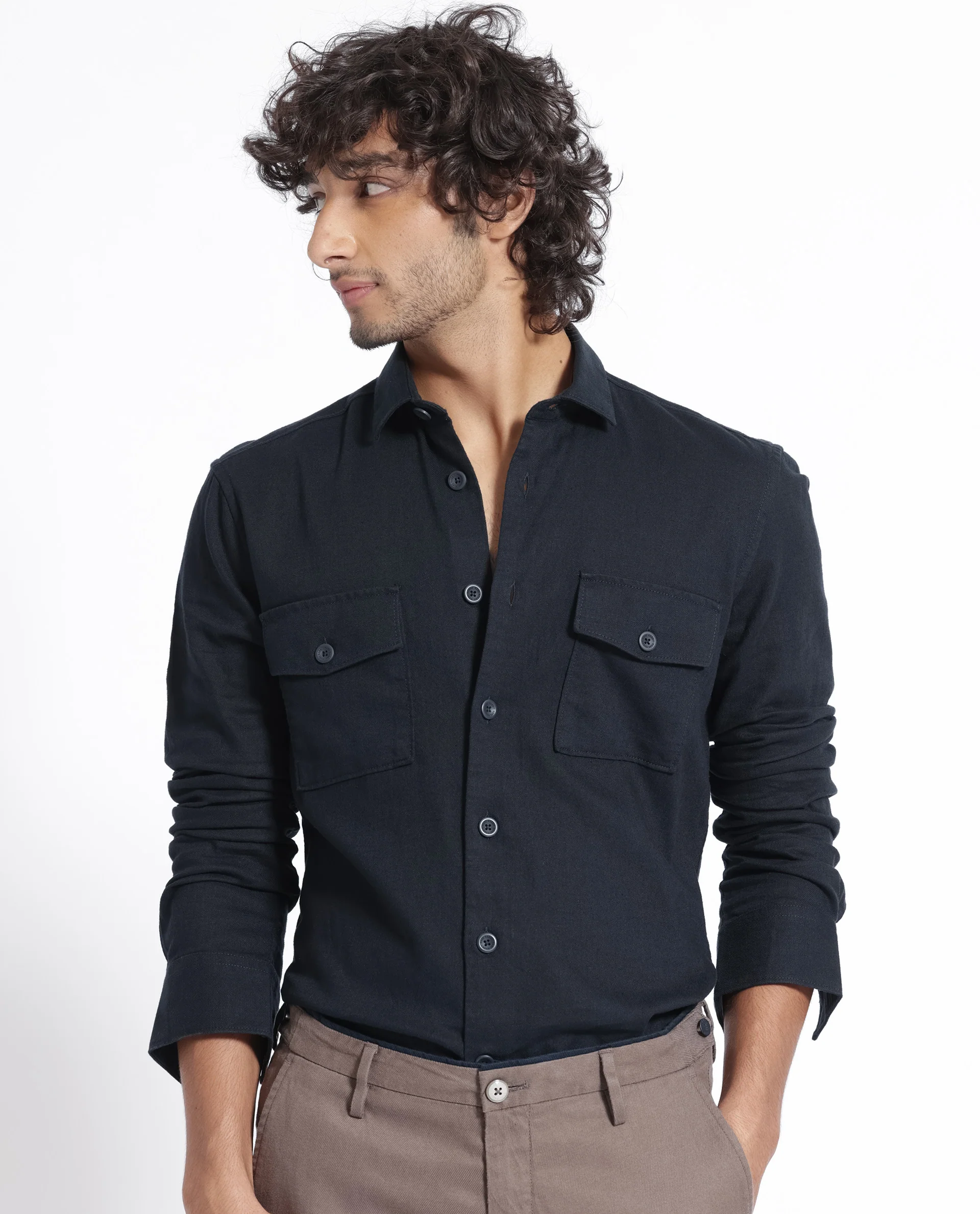 Rare Rabbit Men's Lang Navy Linen Blend Plain Regular Fit Full Sleeve Collared Shirt - Image 7