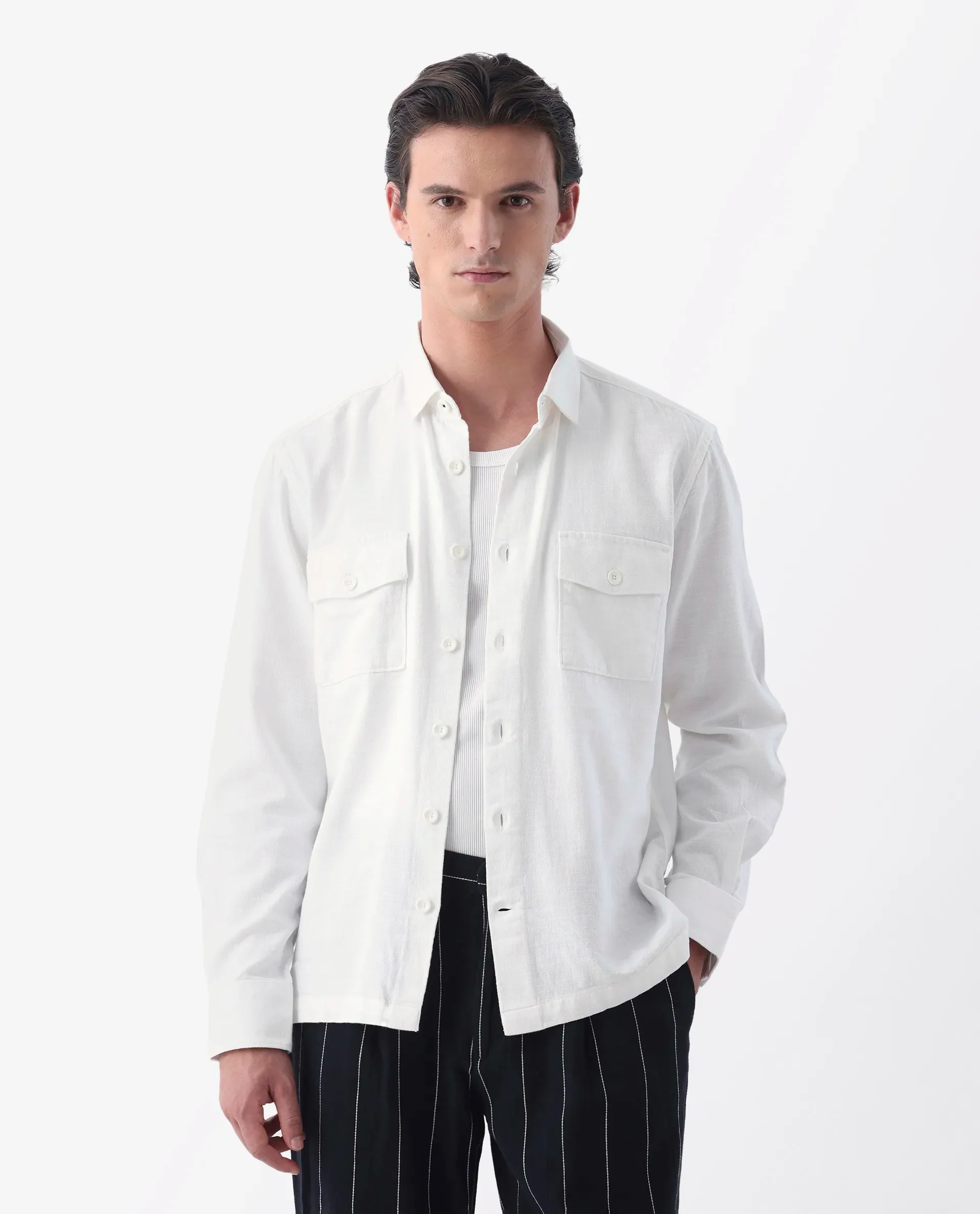 Rare Rabbit Men's Lang White Linen Blend Plain Regular Fit Full Sleeve Spread Collar Shirt - Image 2