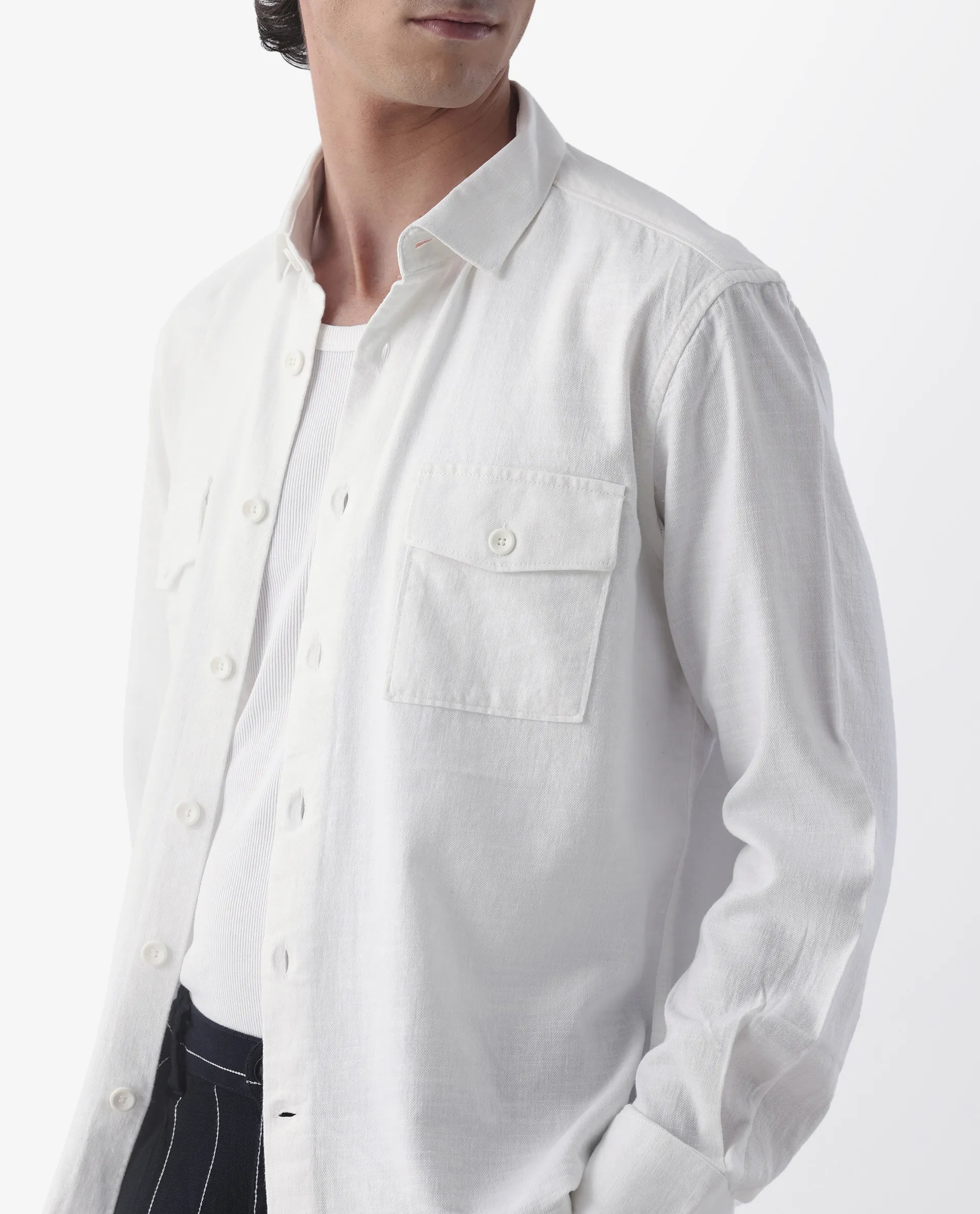 Rare Rabbit Men's Lang White Linen Blend Plain Regular Fit Full Sleeve Spread Collar Shirt - Image 3