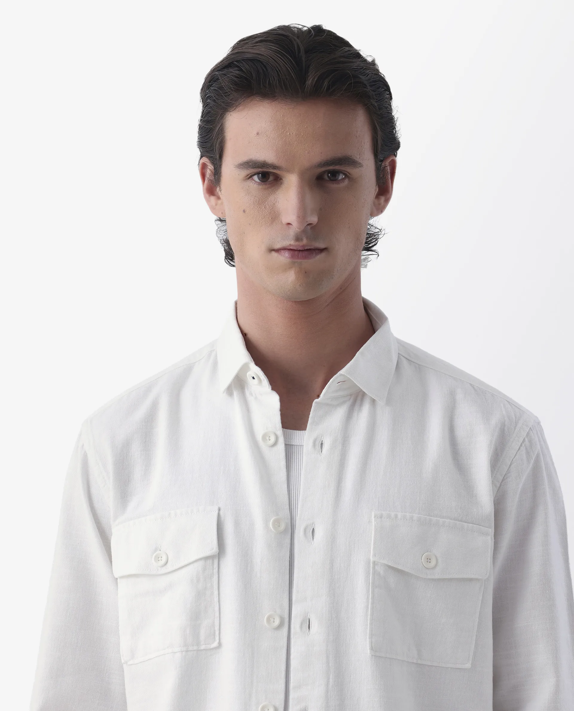 Rare Rabbit Men's Lang White Linen Blend Plain Regular Fit Full Sleeve Spread Collar Shirt - Image 4