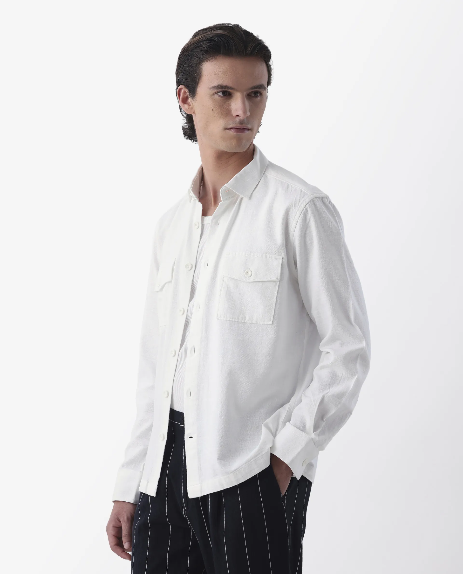 Rare Rabbit Men's Lang White Linen Blend Plain Regular Fit Full Sleeve Spread Collar Shirt - Image 5