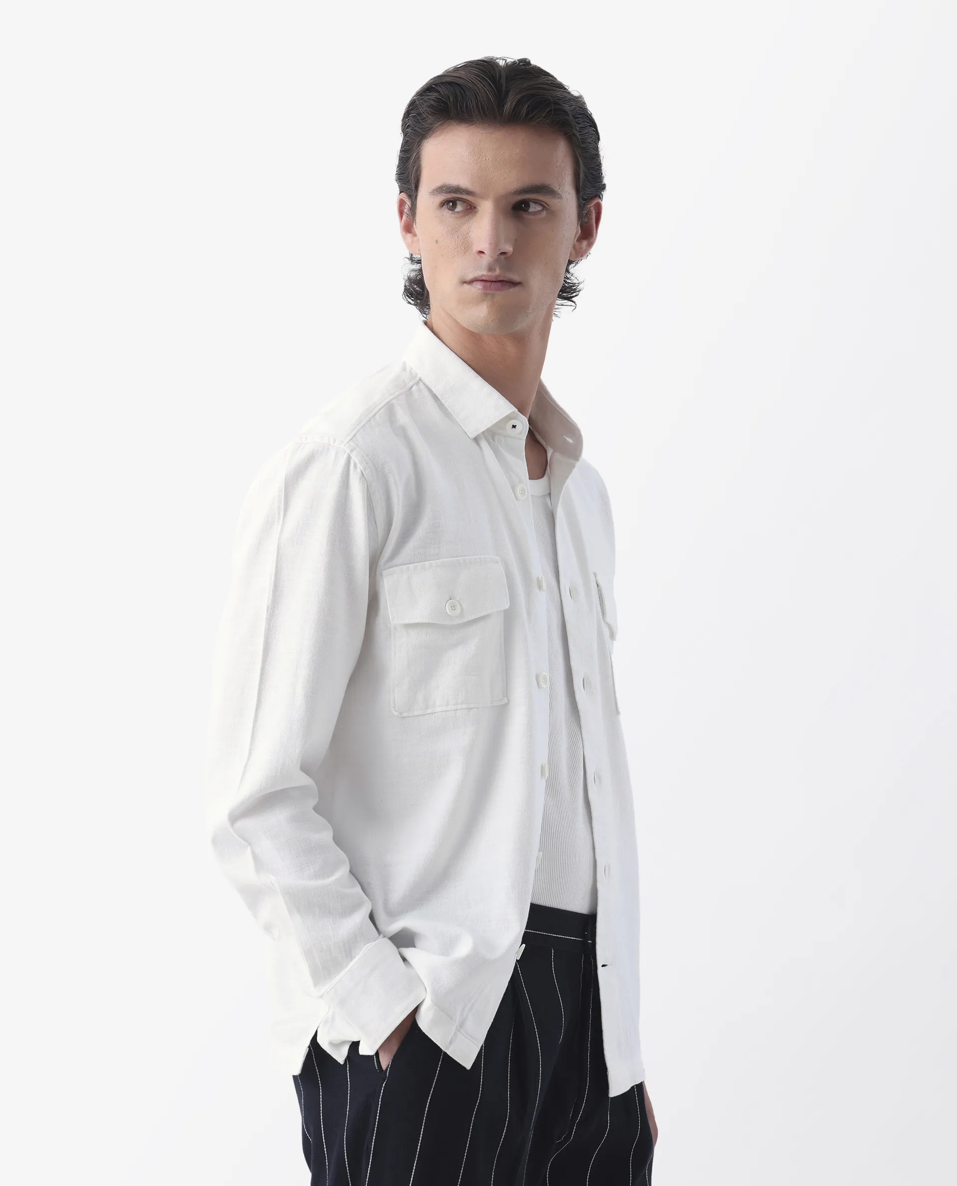 Rare Rabbit Men's Lang White Linen Blend Plain Regular Fit Full Sleeve Spread Collar Shirt - Image 6