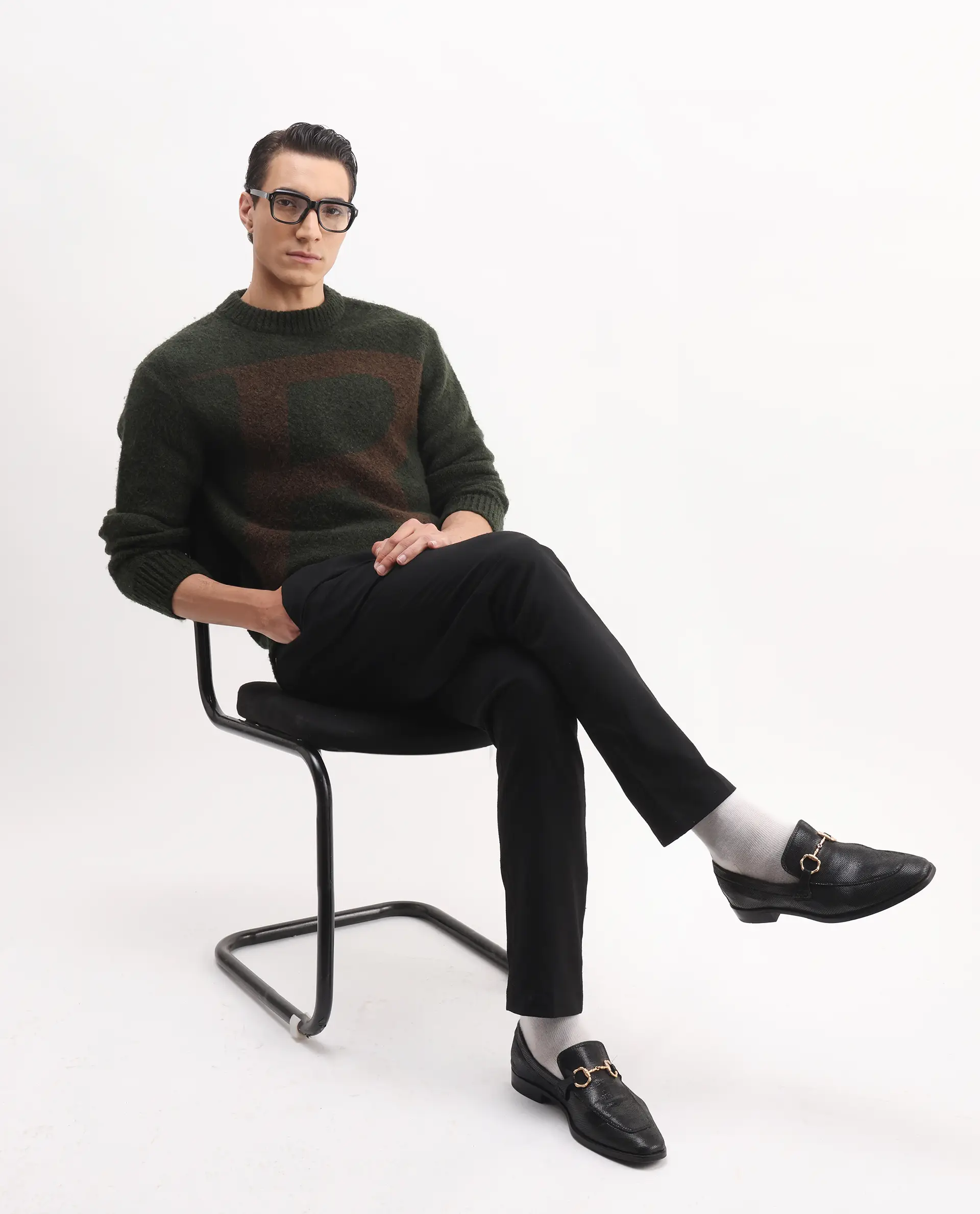 Rare Rabbit Men's Lang Dark Olive Nylon Printed Regular Fit Full Sleeve Crew Neck Sweater - Image 2